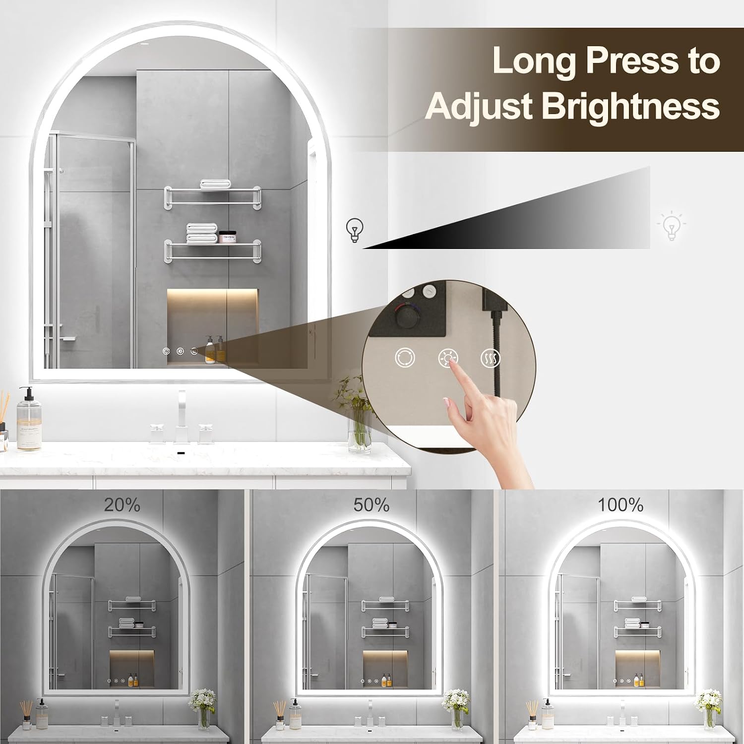 Arched LED Mirror for Bathroom 30'x36', Silver LED Bathroom Mirror with Lights-Fogless, Dimmable, 3 Color Changing, Touch Sensor