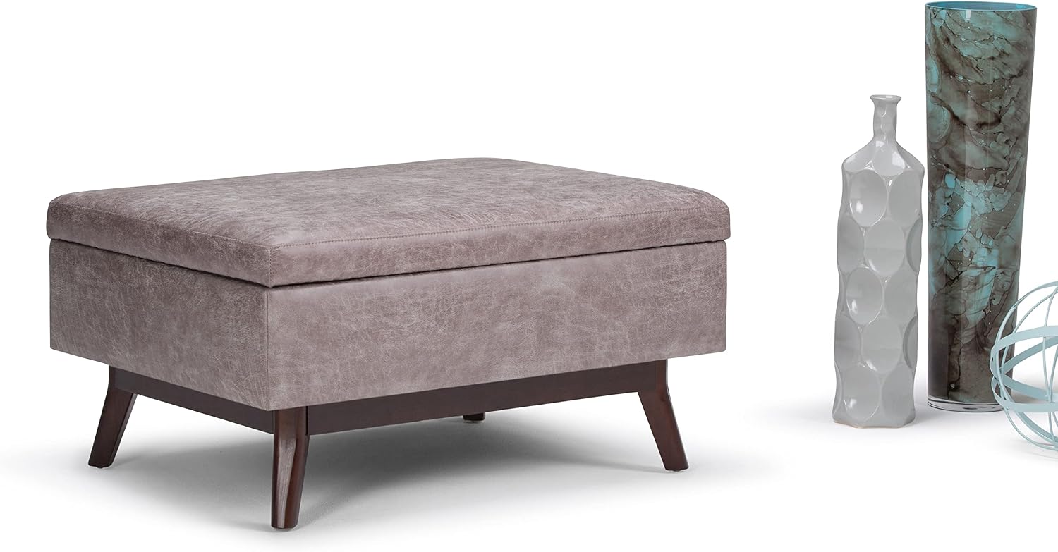 SIMPLIHOME Owen Coffee Table Storage Ottoman - 34' Wide x 19' High Upholstered Vegan Leather Rectangular Lift-Top Ottoman in Distressed Grey Taupe, Mid-Century Modern Bench with Tapered Legs