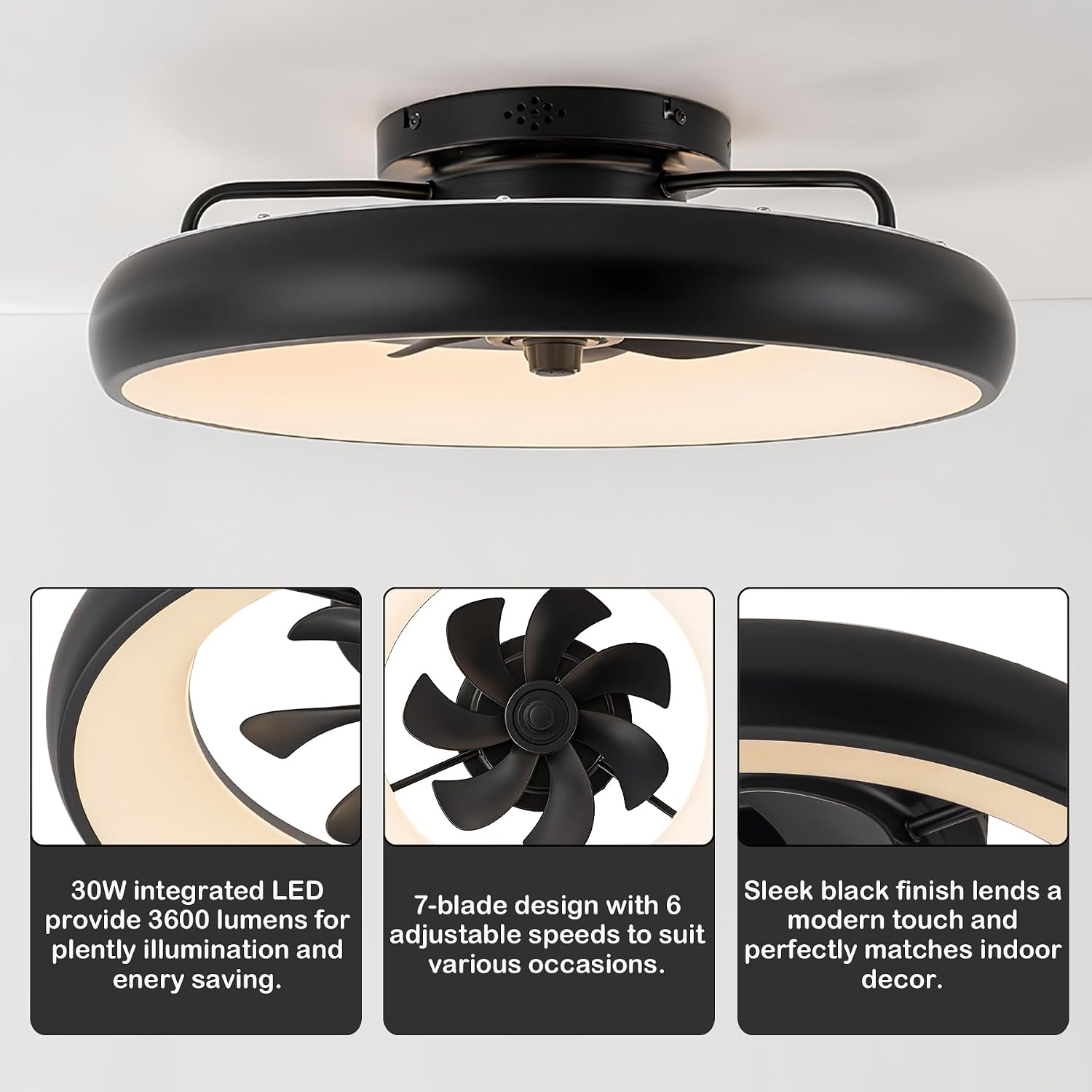 Low Profile Ceiling Fans with Lights, Dimmable Smart RGB Ceiling Fan With Alexa/Google Assistant/App/Remote Control, 6-Speeds Reversible Black LED Ceiling Fan for Bedroom Kitchen Foyer