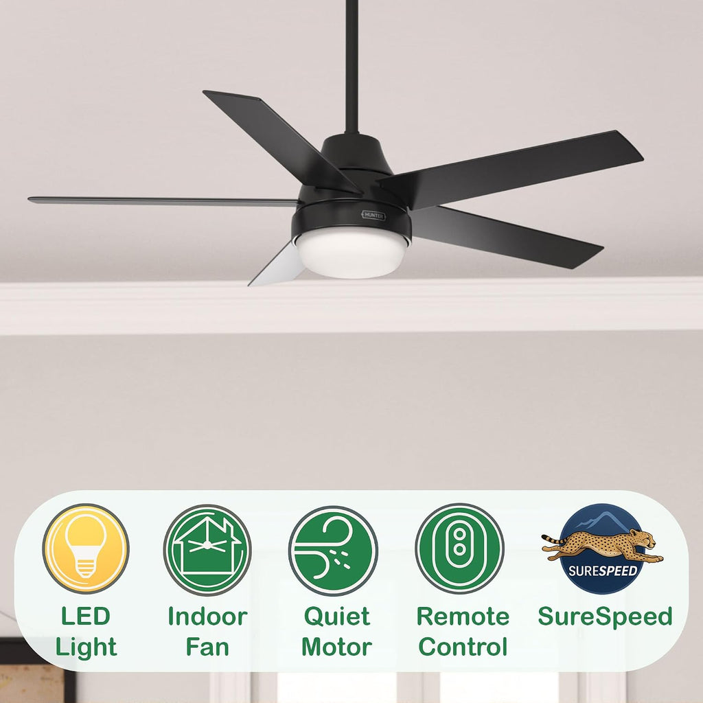 Hunter Fan 52 inch Contemporary Matte Black Indoor Ceiling Fan with Light Kit and Remote Control (Renewed)