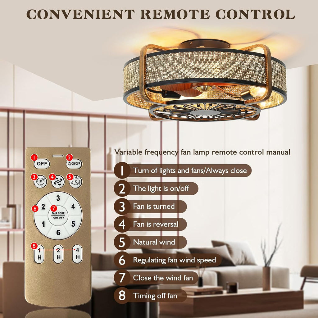 Caged Fandelier With Light and Remote - 21' Rattan Low Profile Enclosed Ceiling Fan, 6 Speeds Reversible Motor, Flush Mount, Black