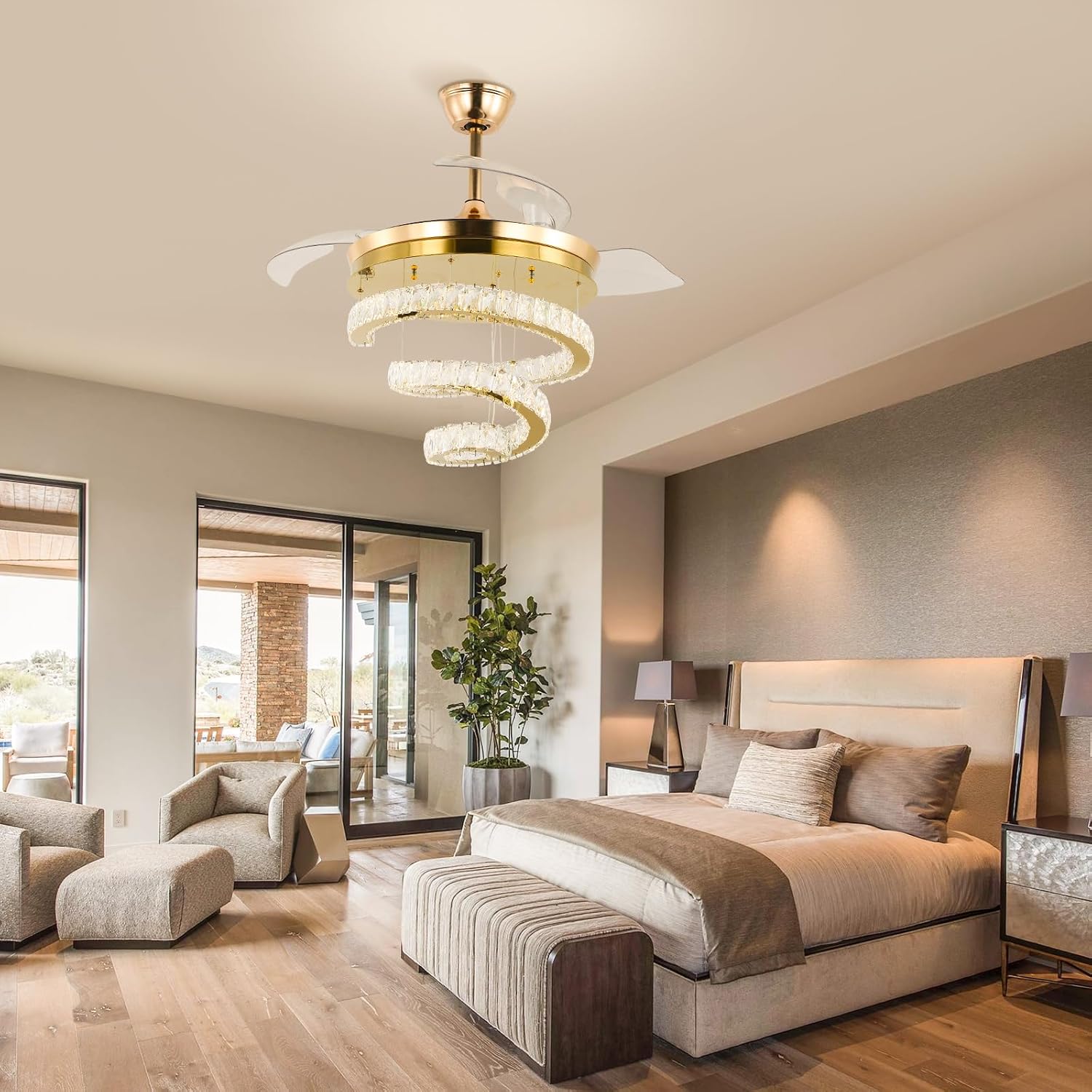 FRIXCHUR Gold 42' Crystal Ceiling Fans with Lights and Remote Chandelier Fans Dimmable Crystal Fandeliers 3-Blade Retractable Led Ceiling Fans 6 Speed 3 Color Change for Bedroom Living Room 30W*2…