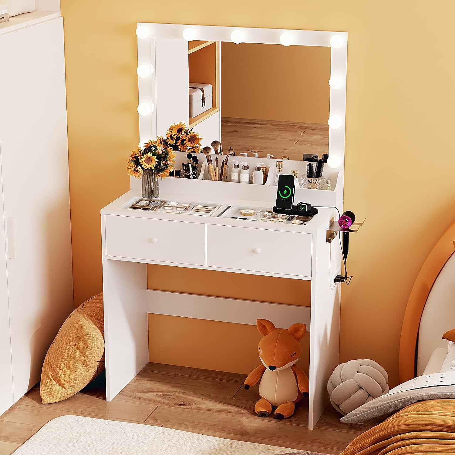 VINGLI 31.5' Small Vanity Desk with Mirror and Lights, Glass Top Makeup Vanity Table, White Dressing Table w/Hollywood Bulbs & Big Mirror, Corner Vanity for Bedroom, Girls Vanities