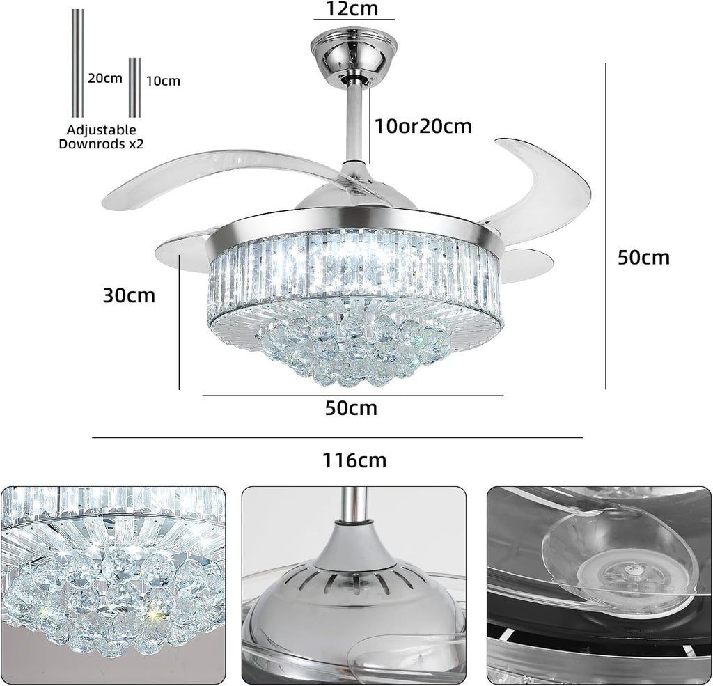 42' Smart Retractable Crystal Ceiling Fan with Light: Alexa/Google Home & Remote, Bluetooth Speaker, Dimmable RGB Light, 6-Speed Reversible Fandelier Chandelier Fan for Bedroom,Dining/Living Room