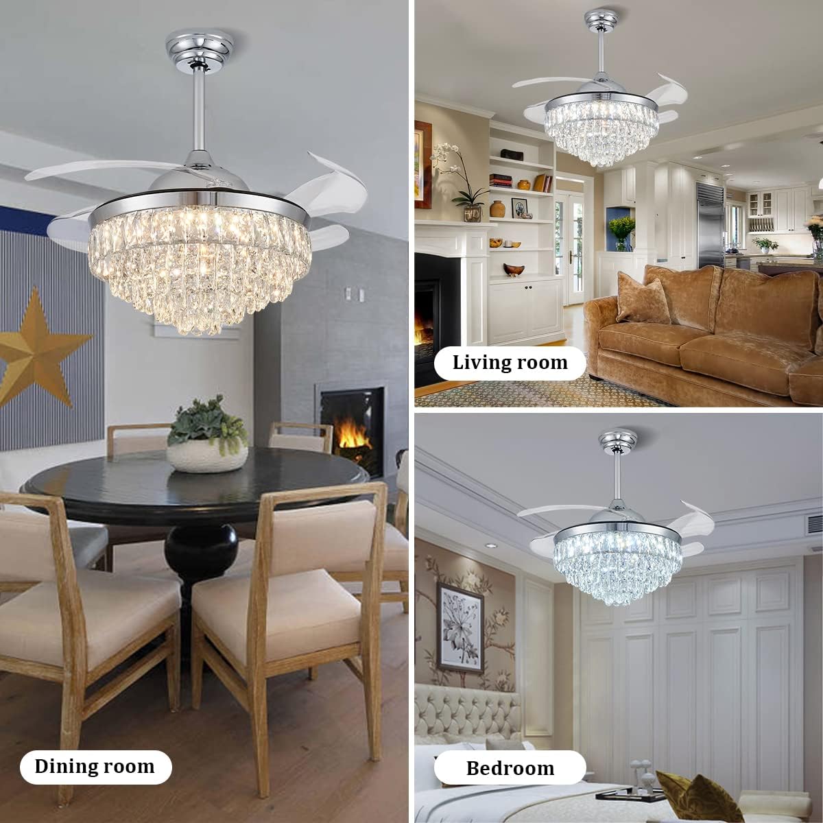 CLAIRDAI 42'' Modern Crystal Fandelier Ceiling Fan with Lights, Dimmable LED Chandelier Fan, Retractable Blades, Remote Control, 6-Speed Quiet Motor with Timer for Bedroom Living Room Dining Room