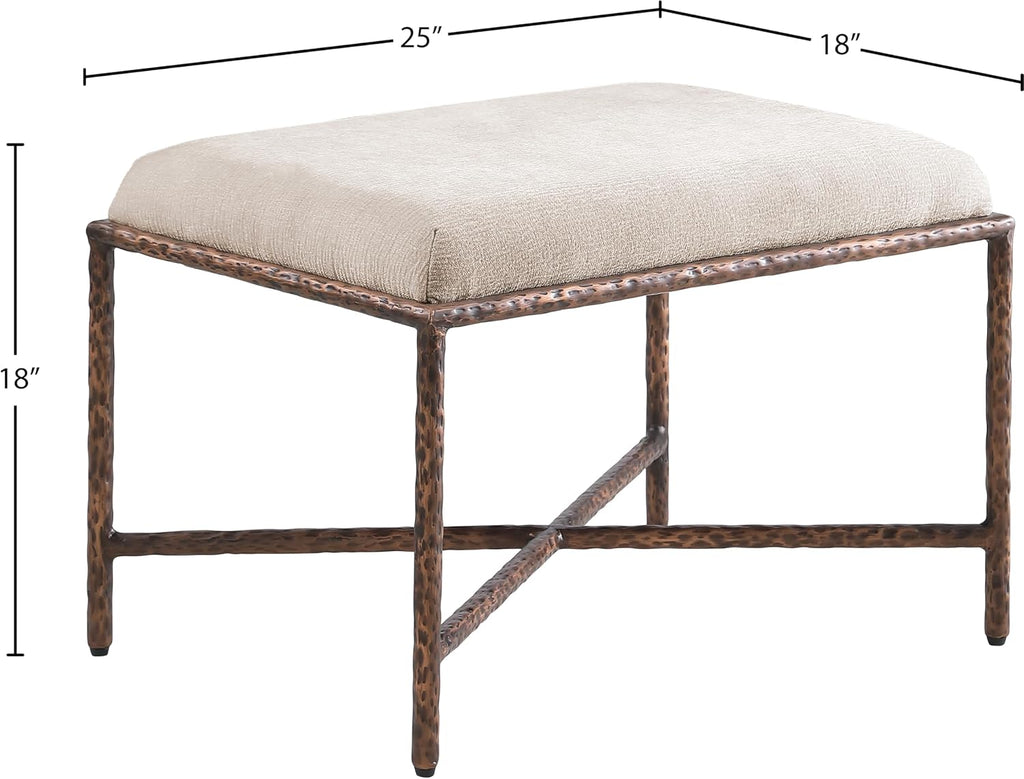 Meridian Furniture 22063Beige Valley Collection Modern | Contemporary Bench with Soft Beige Chenille Fabric, Brushed Bronze Forged Iron Metal Legs and Frame, 25' W x 18' D x 18' H, Beige