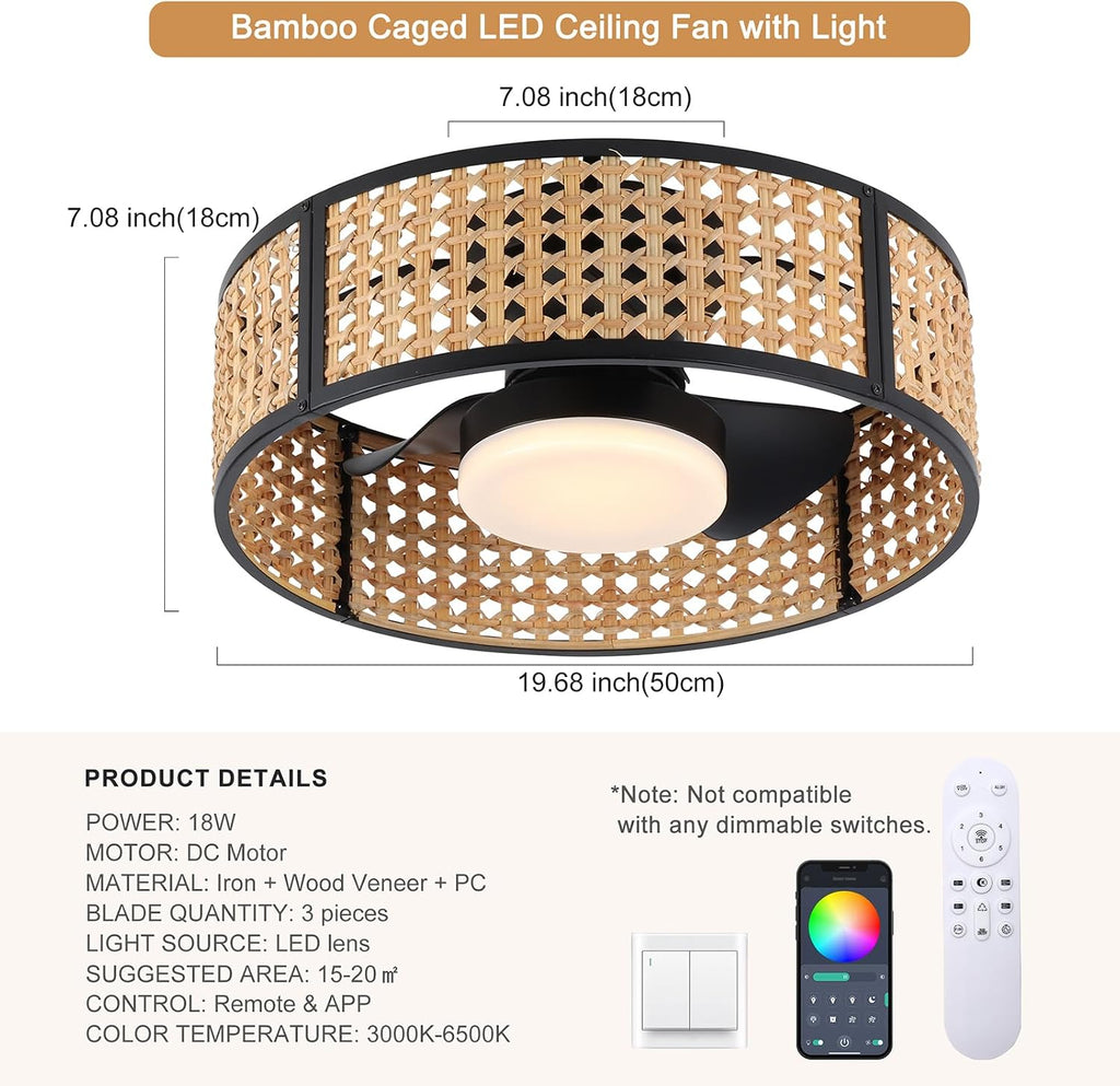 Ganeed 20' Handwoven Rattan Boho Ceiling Fans with Lights, Dimmable RGB LED Wicker Caged Ceiling Fan with Light and Remote, 6 Speed/Reversible Motor Rattan Fandelier for Bedroom Dining Room Nursery