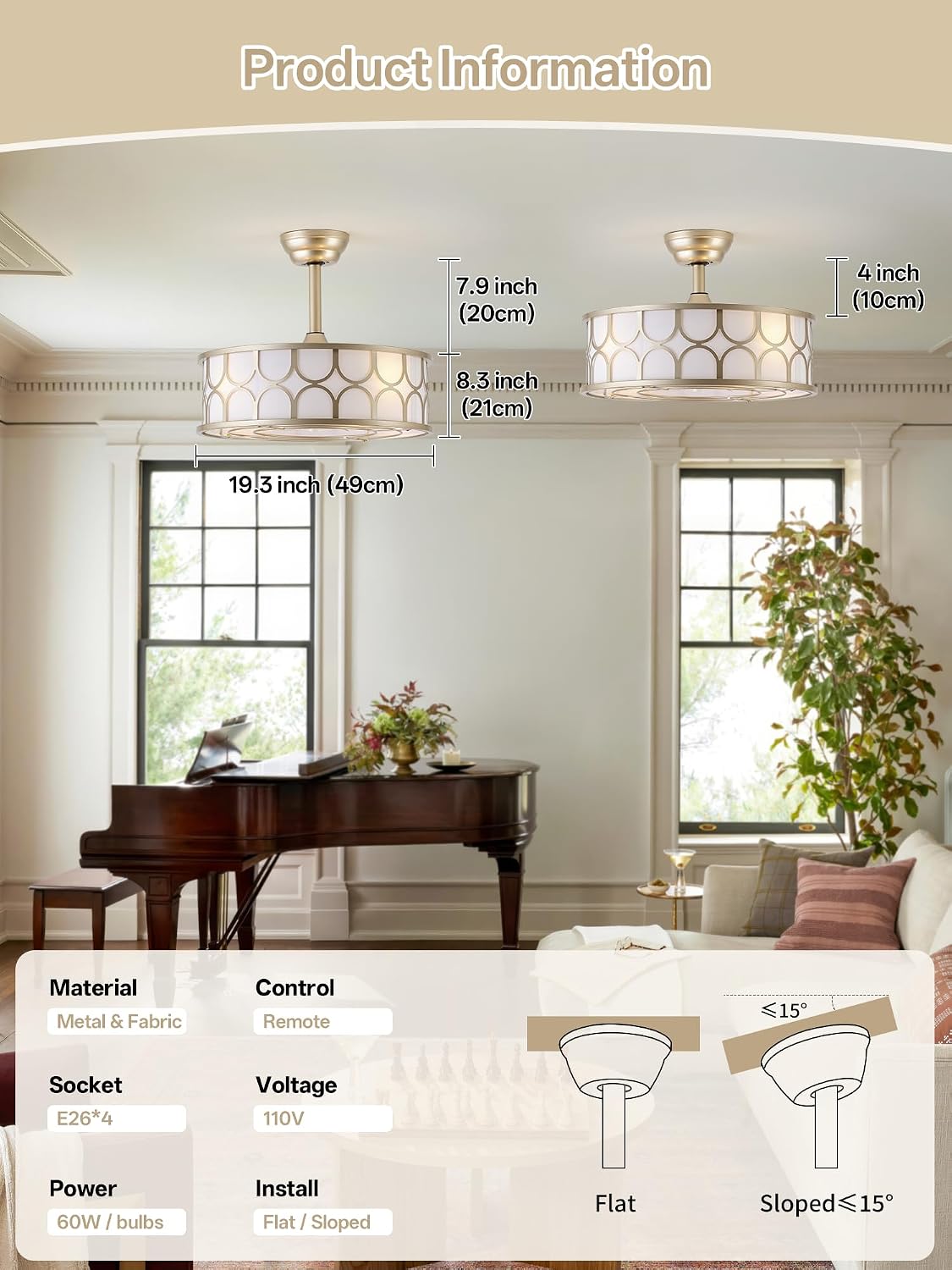 20' Gold Boho Fandelier Ceiling Fans with Lights, Caged Bladeless Ceiling Fan with Light Remote Control. Chandelier with 6 Speeds for Bedroom, Nursery, Living room.