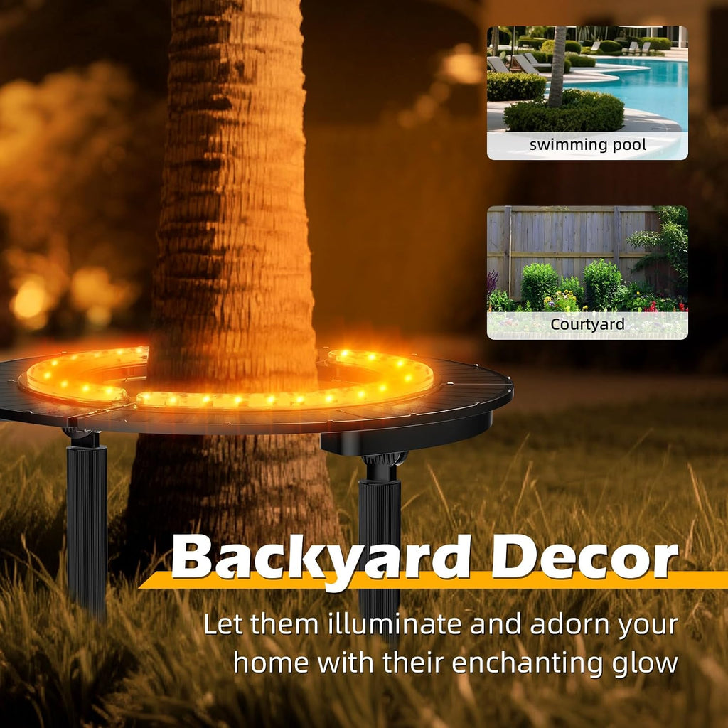 Solar Palm Tree Light, Wireless Landscape Warm White Tree Ring Uplight Solar Powered,12000 mAh & 32 LEDs Outdoor Yard Lighting, 3000K Solar Powered Flood Lights for Large Tree, Yard, Garden