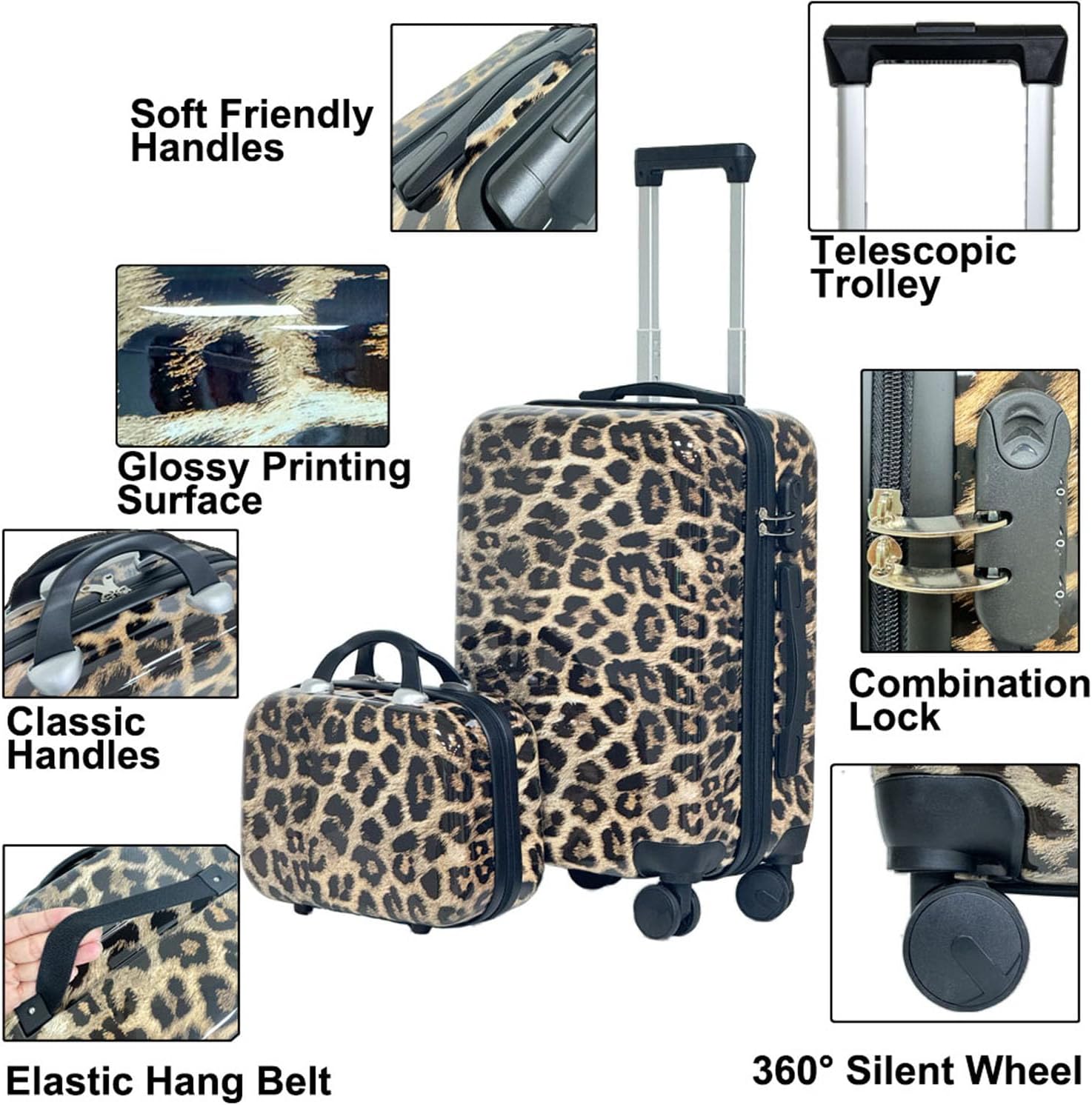 4 Piece Leopard Print Luggage Set - Cheetah Print Hard Shell Suitcases with Spinner Wheels, Animal Print Rolling Luggage for Travel (14' + 20' + 24' + 28')