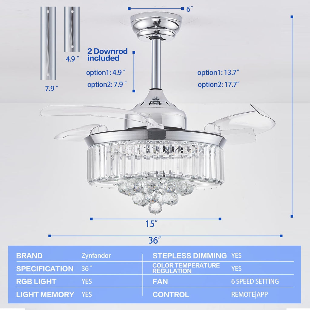 36' Retractable Crystal Ceiling Fan with Light, RGB Modern Fandelier 6 Speeds Reversible Blades Dimmable Chandelier Ceiling Fan with Remote App Control Memory Timer Silver