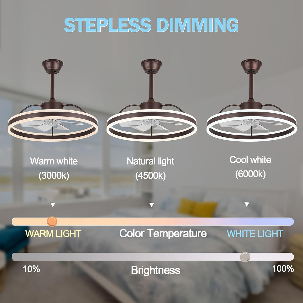 Dawn Whisper Ceiling Fan With Lights, Modern 24' LED Fan, 6 Speeds, 3 Colors Stepless Dimming for Bedroom Coffee