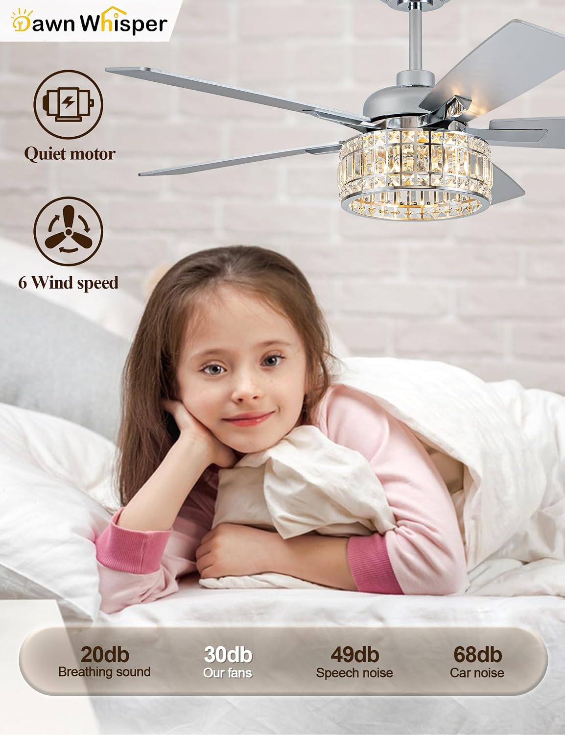 Dawn Whisper 52 Inch Modern Ceiling Fans with Lights Low Profile Silver Crystal Fandelier Ceiling Fans with Remote for Living Room Bedroom Kitchen Quiet Reversible DC Motor 6 Speeds Dual Finish