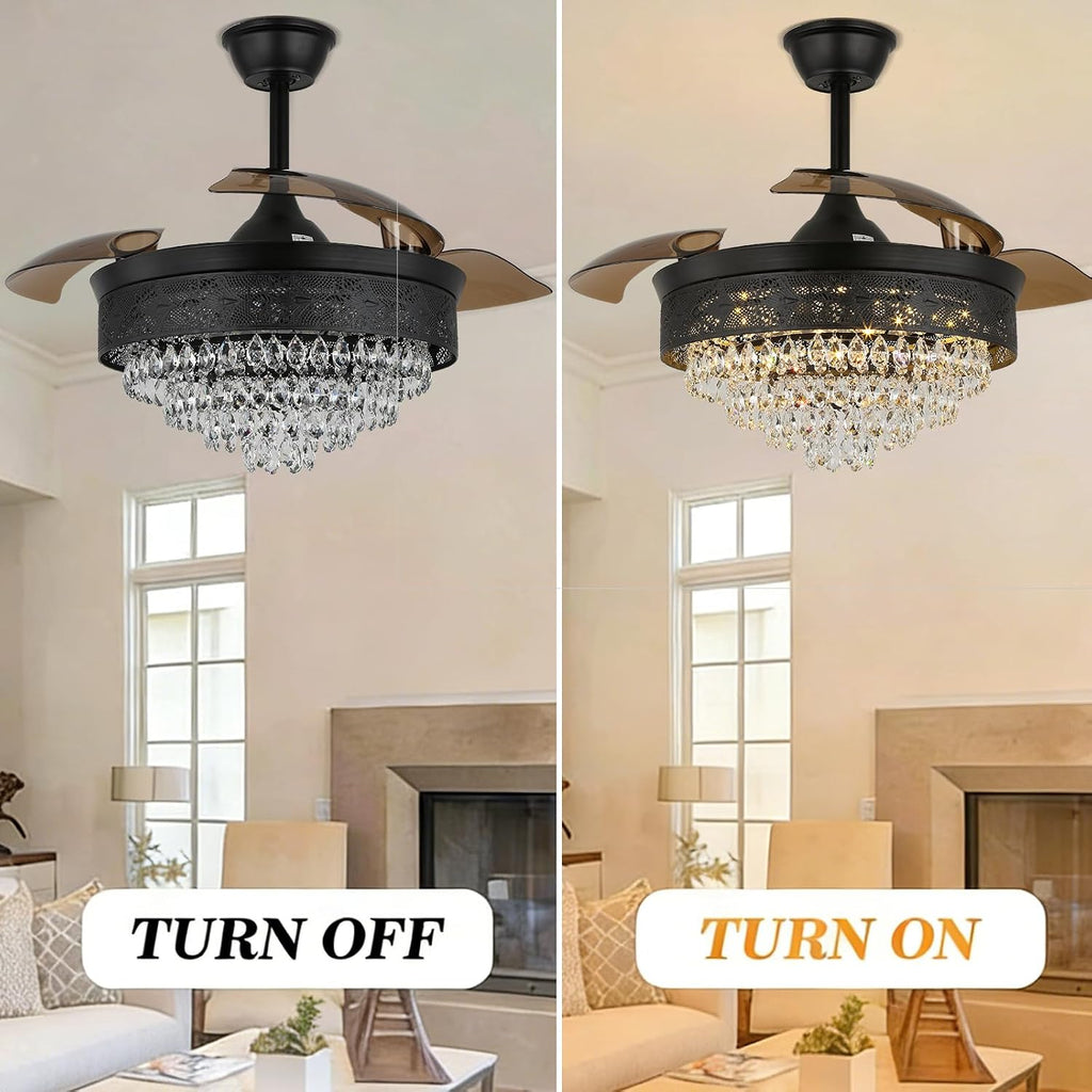 42' Black Crystal Fandelier Dimmable LED Ceiling Fan with Lights Retractable Blades 3 Color with Memory Quiet Reversible 6 Speeds Timer for Bedroom Living Room Dining Room