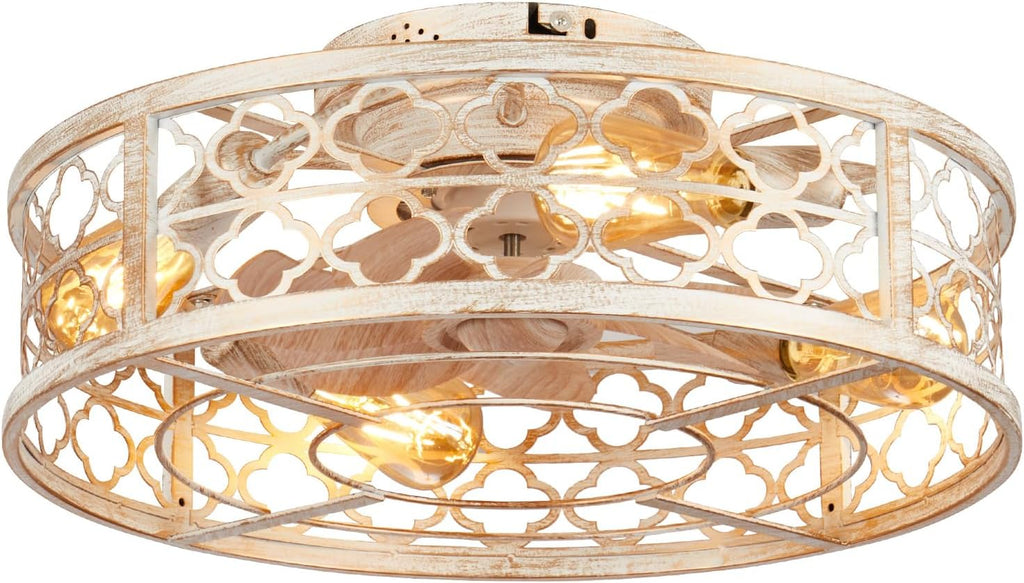 Farmhouse Ceiling Fans with Lights Remote Control,6 Speed Reversible Flush Mount Low Profile Rustic Antique White Ceiling Fan with Light,Boho Bladeless Country Caged Ceiling Light Fixture