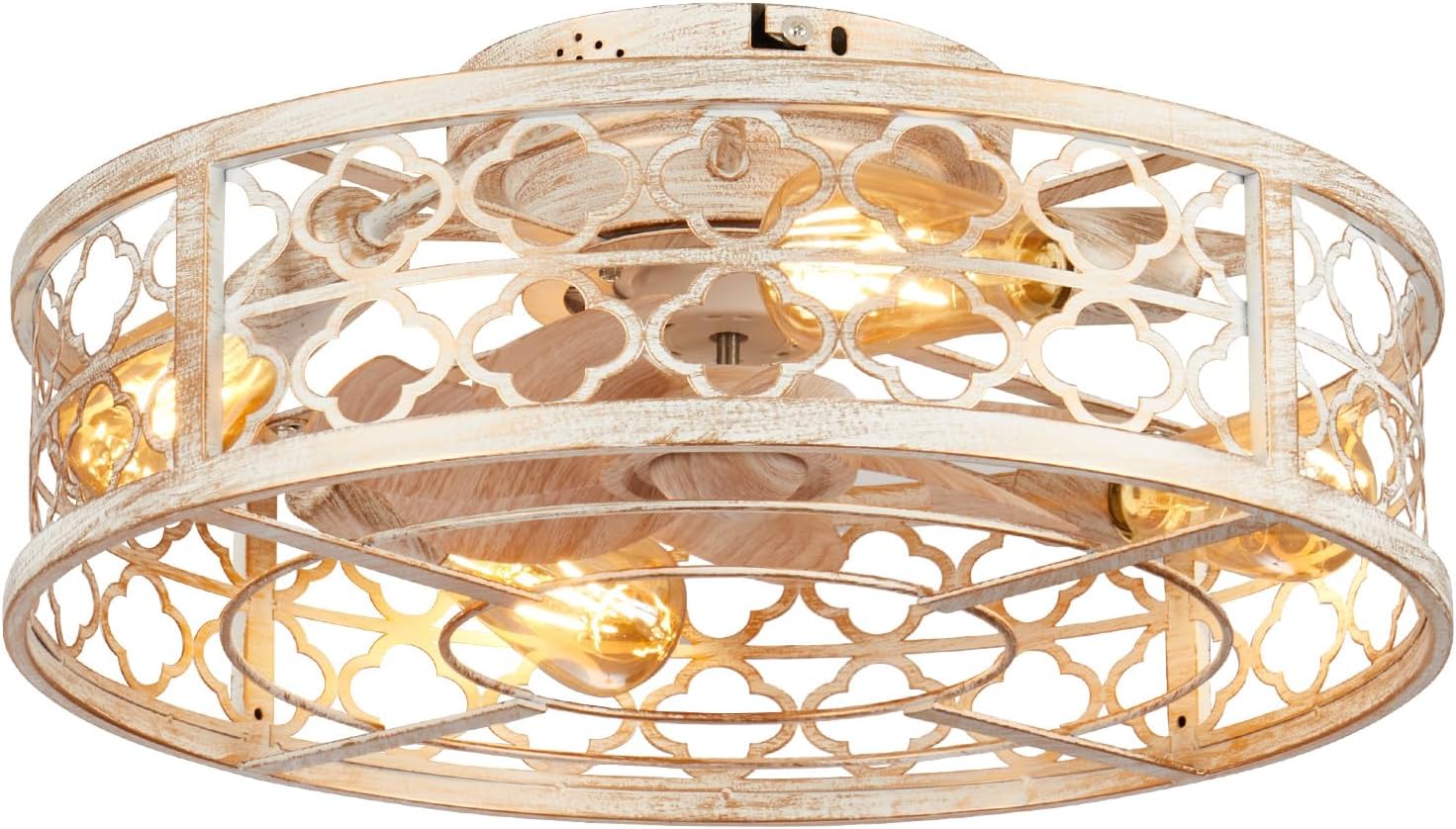 Farmhouse Ceiling Fans with Lights Remote Control,6 Speed Reversible Flush Mount Low Profile Rustic Antique White Ceiling Fan with Light,Boho Bladeless Country Caged Ceiling Light Fixture