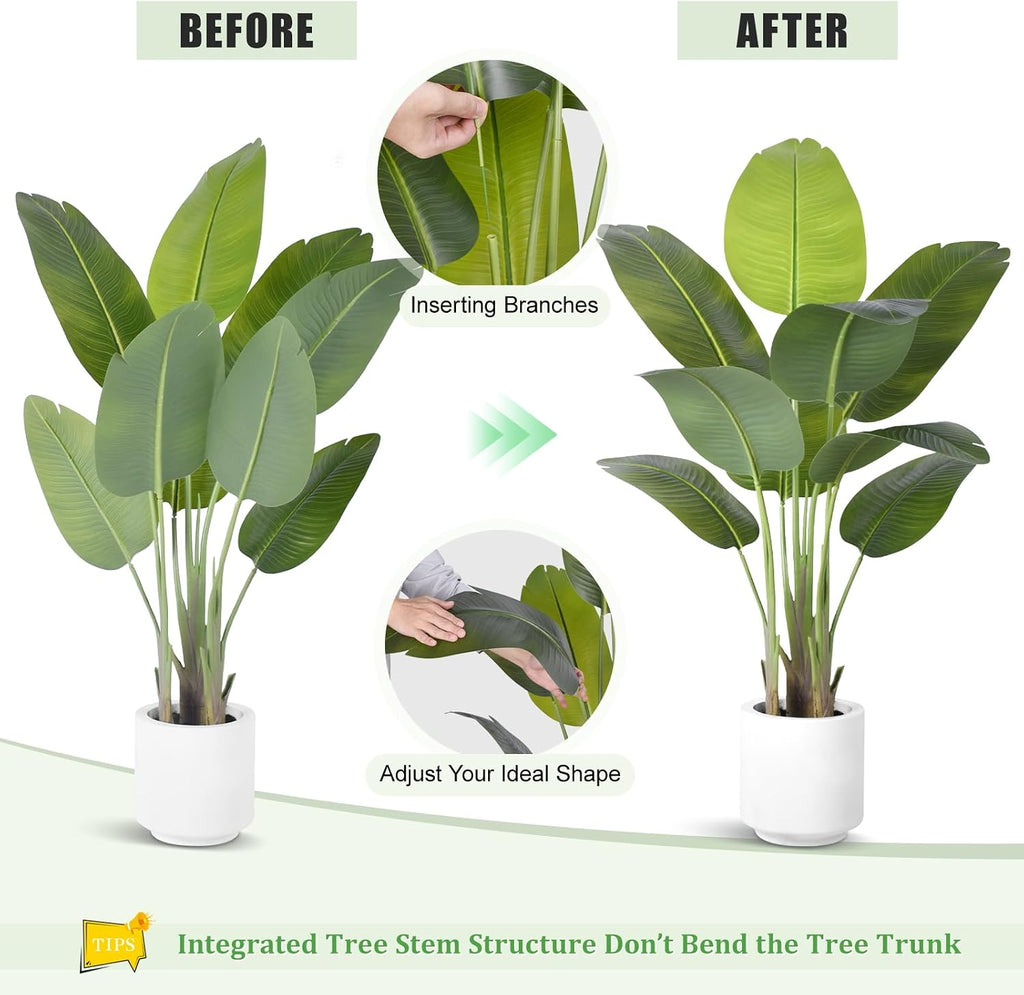 Artificial Bird of Paradise Plant 4Ft Tall Fake Tropical Palm Tree Large Fake Plants with 9 Silk Banana Leaves Faux Plant Indoor Decor Trees with White Pot for Home Bedroom Living Room Office（2pcs）