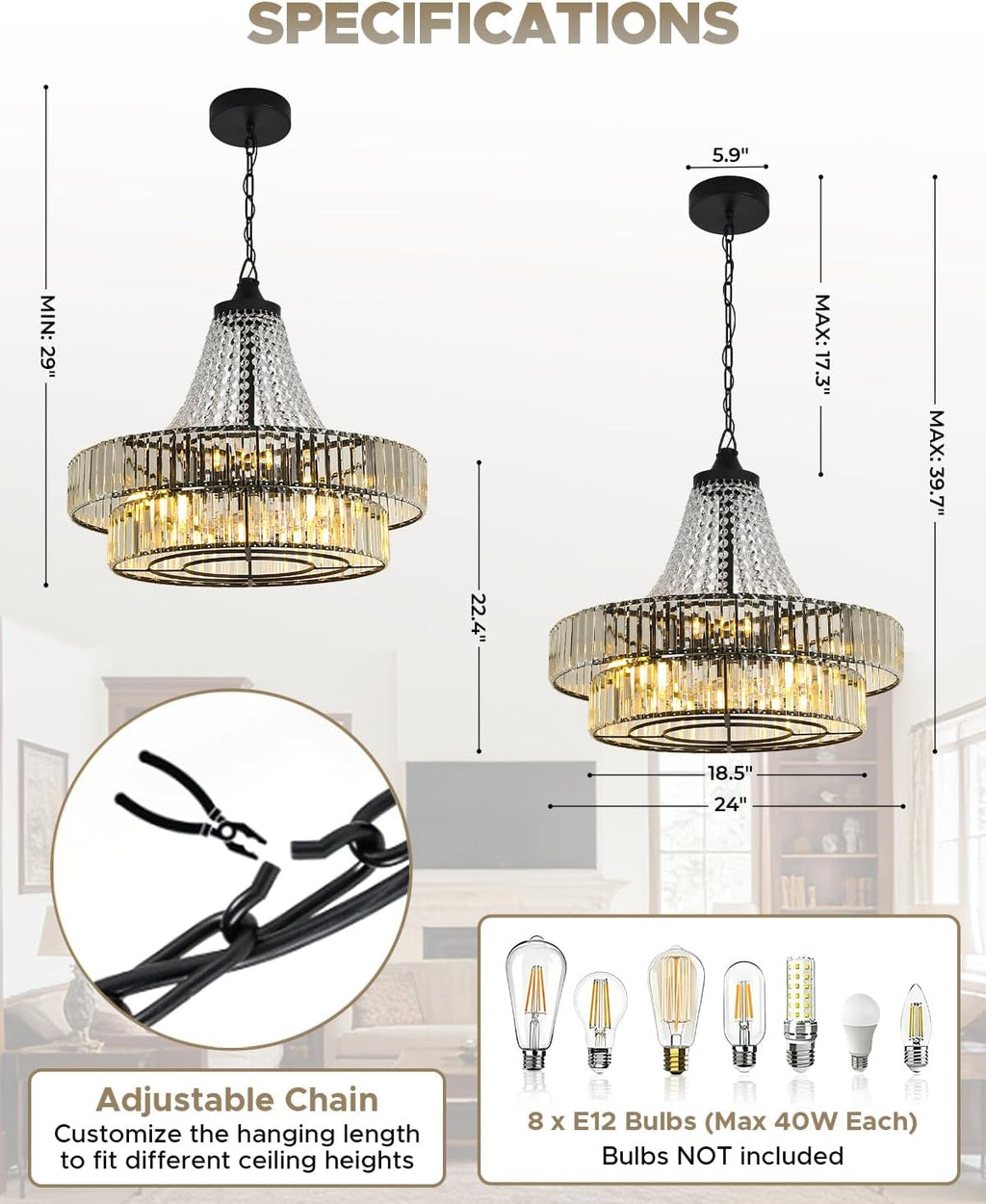 24 Inch Crystal Caged Double Layer Fandelier, Large Modern Chandelier Ceiling Fan with Light and Remote, Luxury Fandelier for Living Room, Bedroom, Reversible DC Motor, Height-Adjustable (Black)