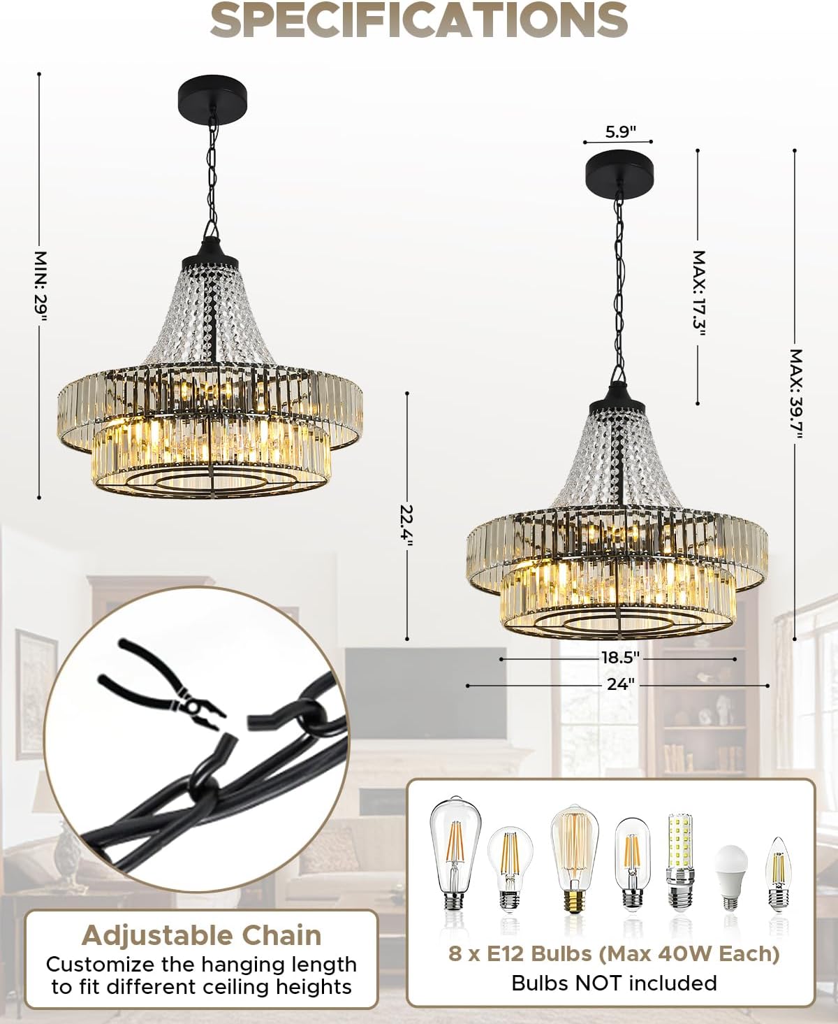 24 Inch Crystal Caged Double Layer Fandelier, Large Modern Chandelier Ceiling Fan with Light and Remote, Luxury Fandelier for Living Room, Bedroom, Reversible DC Motor, Height-Adjustable (Black)