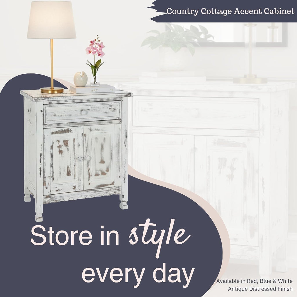 Alaterre Furniture Country Cottage Accent Cabinet with Drawer, Adjustable Shelf & 2 Doors – Modern Farmhouse Sideboard Buffet Storage Cabinet for Living Room, Dining Room or Entryway (White Antique)