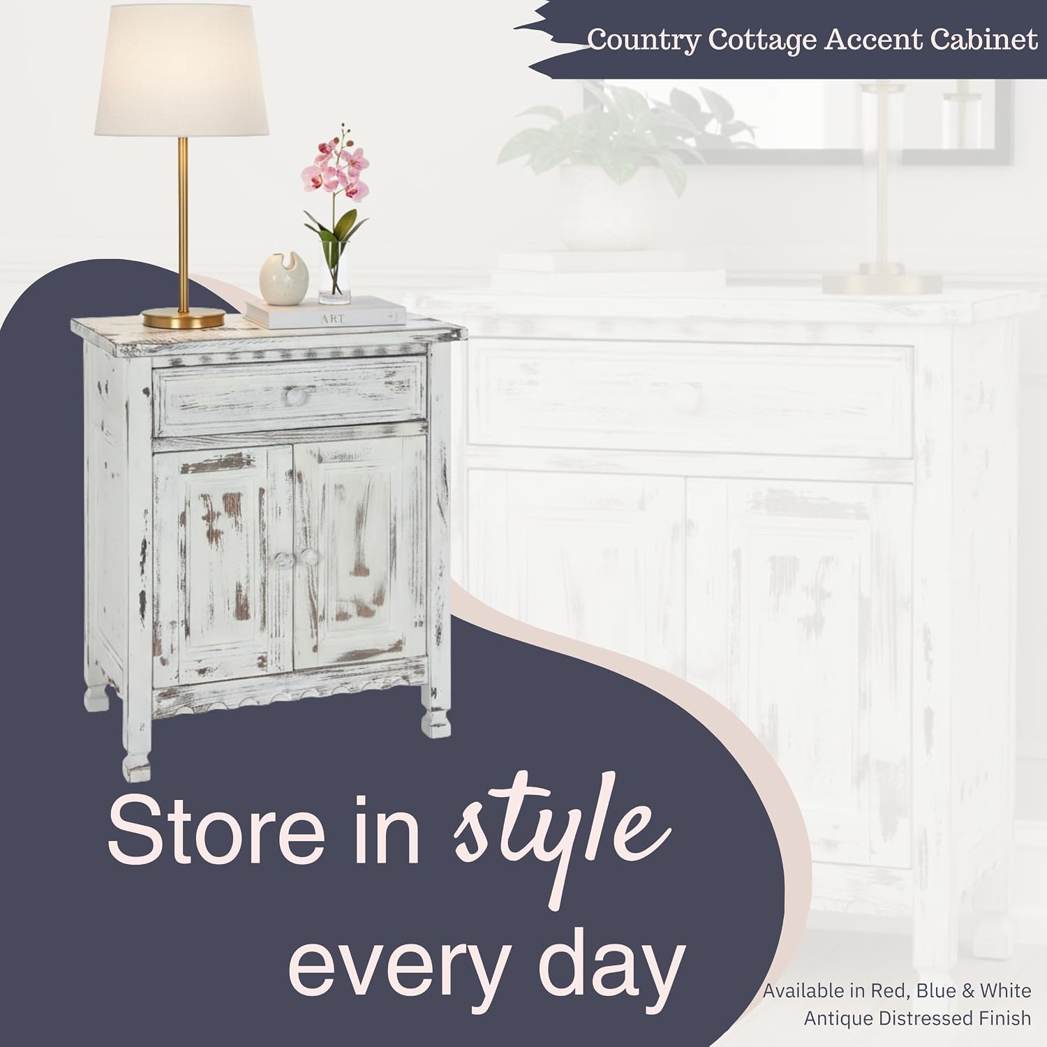 Alaterre Furniture Country Cottage Accent Cabinet with Drawer, Adjustable Shelf & 2 Doors – Modern Farmhouse Sideboard Buffet Storage Cabinet for Living Room, Dining Room or Entryway (White Antique)