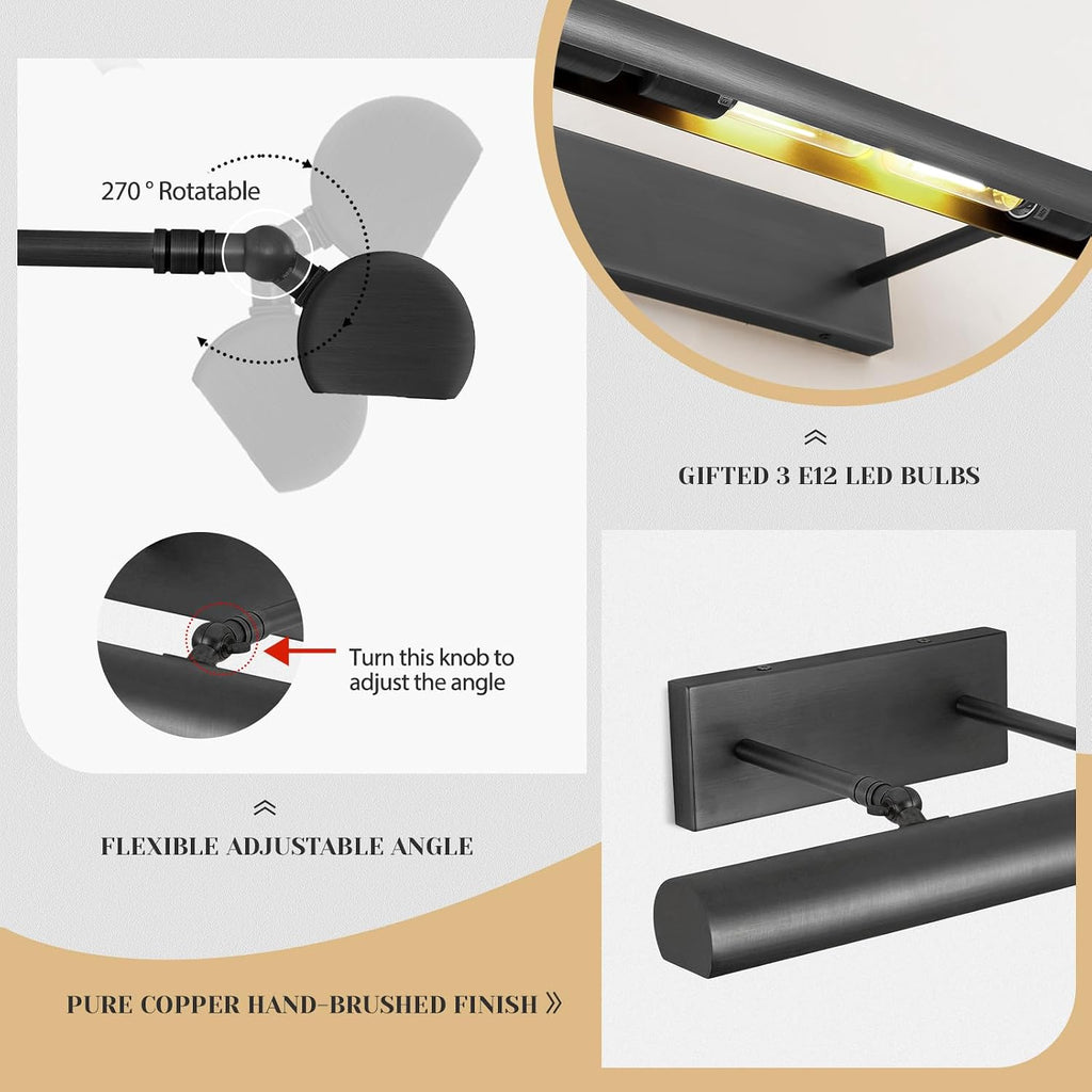 Matte Black Picture Lights for Wall, 24' Art Light Hardwired, 3-Light Bronze Gallery Light, Warm White 2700k Dimmable Picture Frame Lights, 270° Vanity Light for Bathroom, Living Room, Hallway
