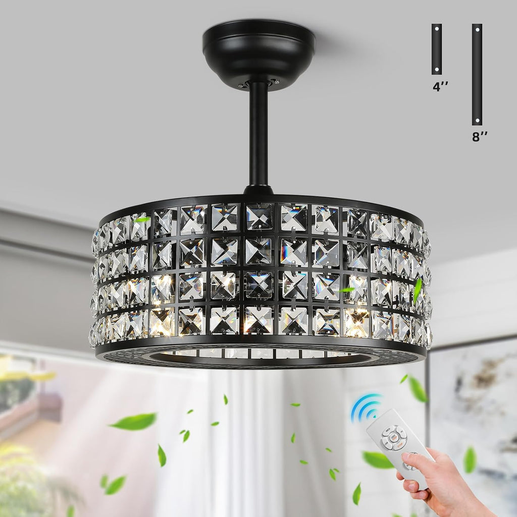 YYEHON Bladeless Ceiling Fan with Lights and Remote, 18' Caged Industrial Fandelier, Indoor Crystal Chandelier Ceiling Fan for Bedroom, Living Room, Dinning Room, Kids Room, Black