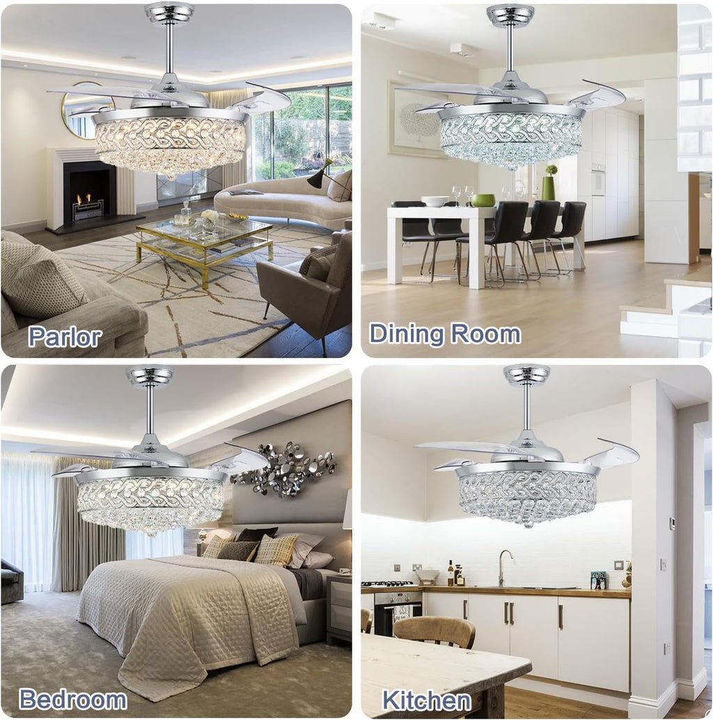 DuMaiWay 52' Dimmable Chandelier Ceiling Fan, Fandelier, Modern Crystal Retractable Invisible Blade LED Lighting with Remote Control for Bedroom Dining Room Living Room 6 Speed