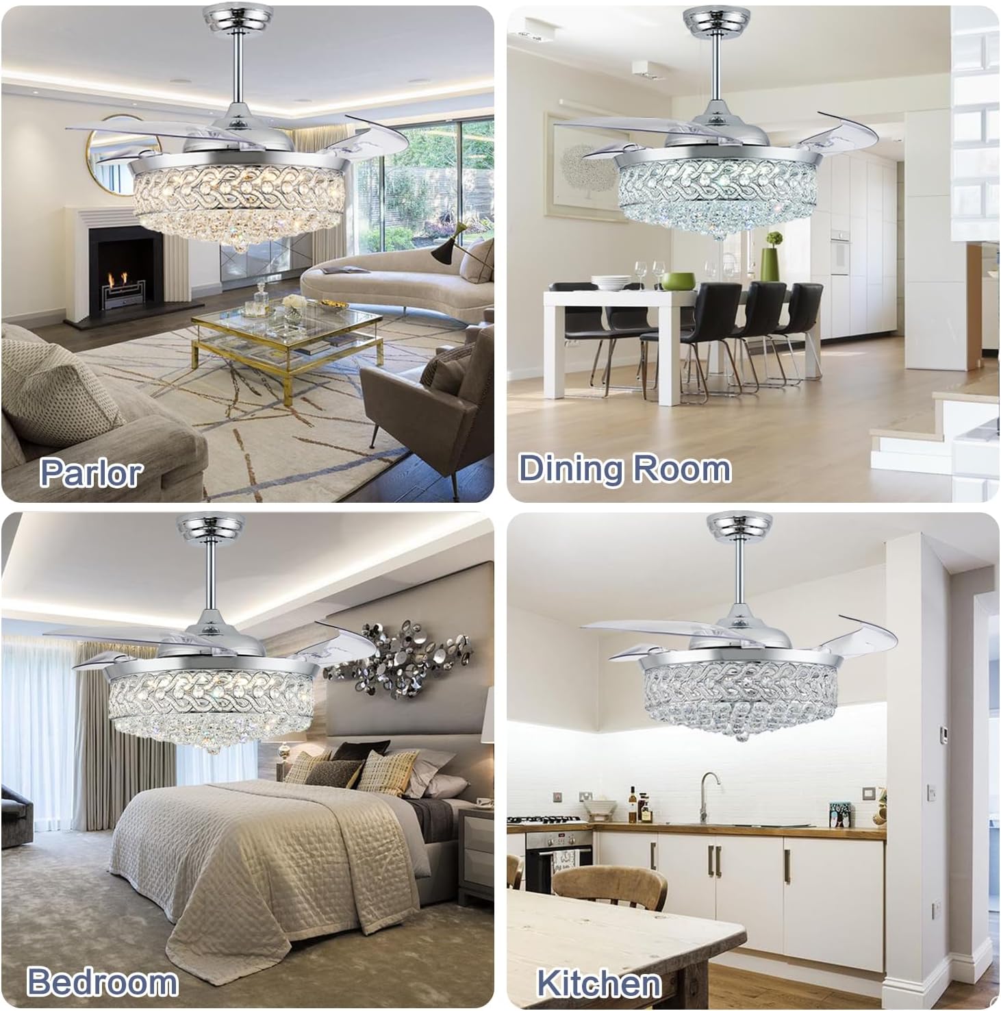 DuMaiWay 52' Dimmable Chandelier Ceiling Fan, Fandelier, Modern Crystal Retractable Invisible Blade LED Lighting with Remote Control for Bedroom Dining Room Living Room 6 Speed