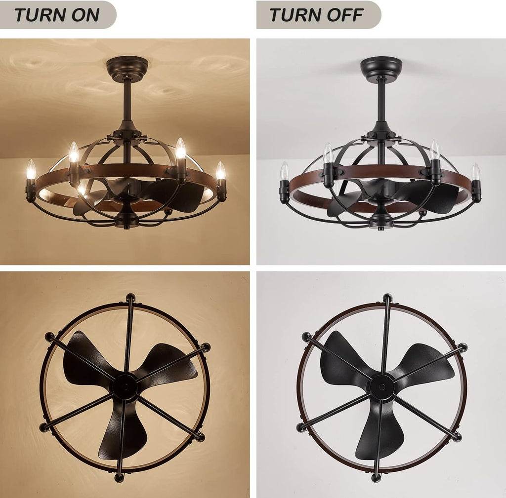 27-Inch Brown Walnut Farmhouse Style Chandelier Ceiling Fan with Light and Remote Control, Bladeless Motor for Bedroom, Kitchen, Living Room, Dining Room
