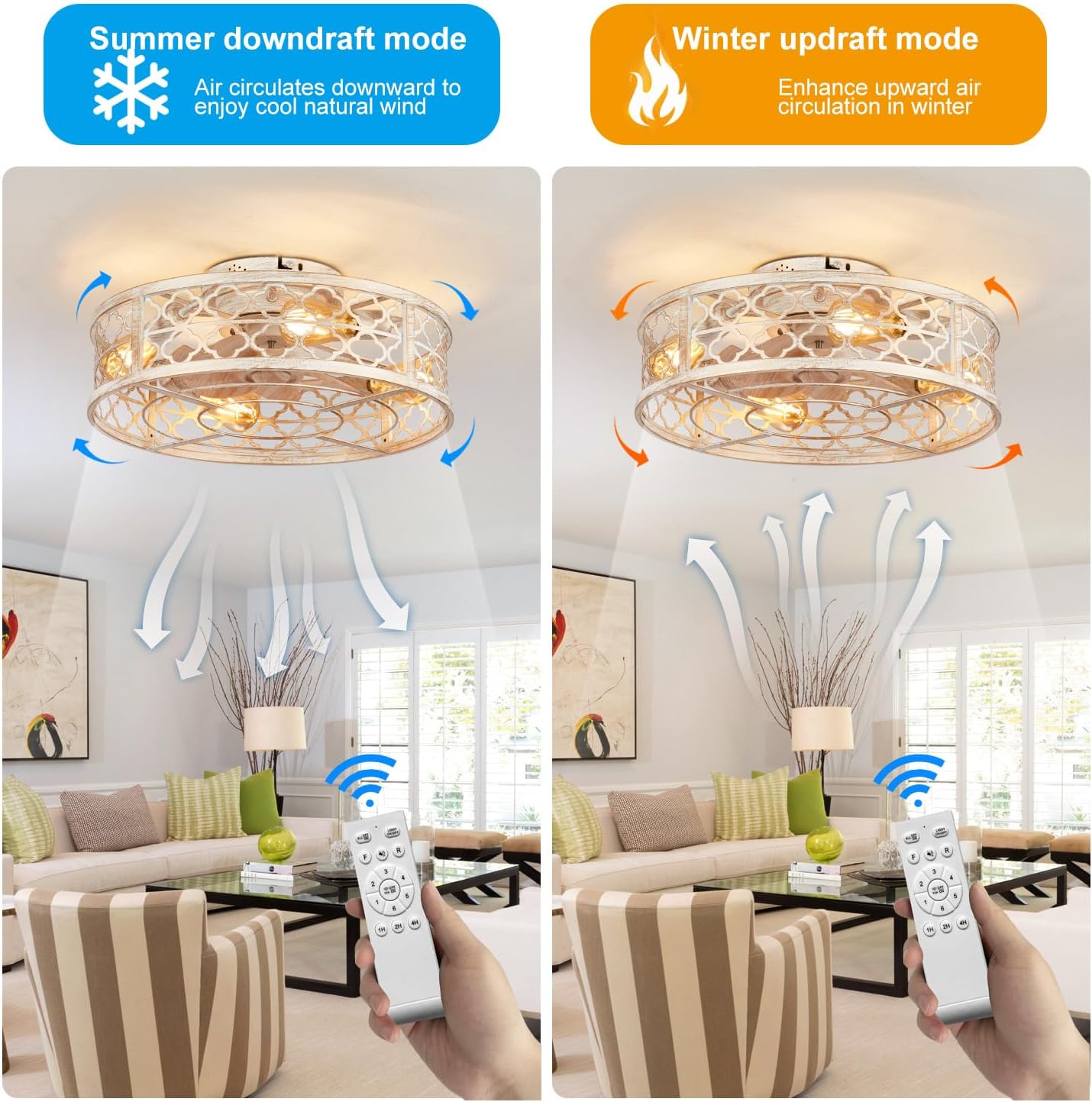 Farmhouse Ceiling Fans with Lights Remote Control,6 Speed Reversible Flush Mount Low Profile Rustic Antique White Ceiling Fan with Light,Boho Bladeless Country Caged Ceiling Light Fixture