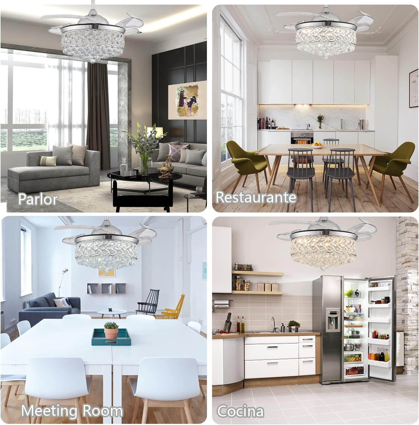 DuMaiWay 48' Dimmable Fandelier Crystal Ceiling Fans with Lights,Invisible Retractable Blades Chandelier Fan Silent Motor Ceiling Fans for Bedroom Living Dining Silver Polished