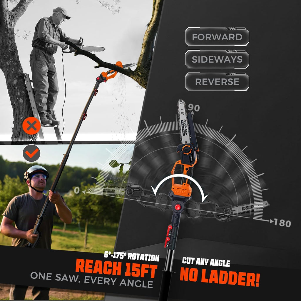 8'' Electric Pole Saws for Tree Trimming, Cordless 2-in-1 Pole Saw & Mini Chainsaw with Extension Pole, Battery Powered with 2x4.0Ah Batteries and Charger, Max 16FT Reach for Pruning