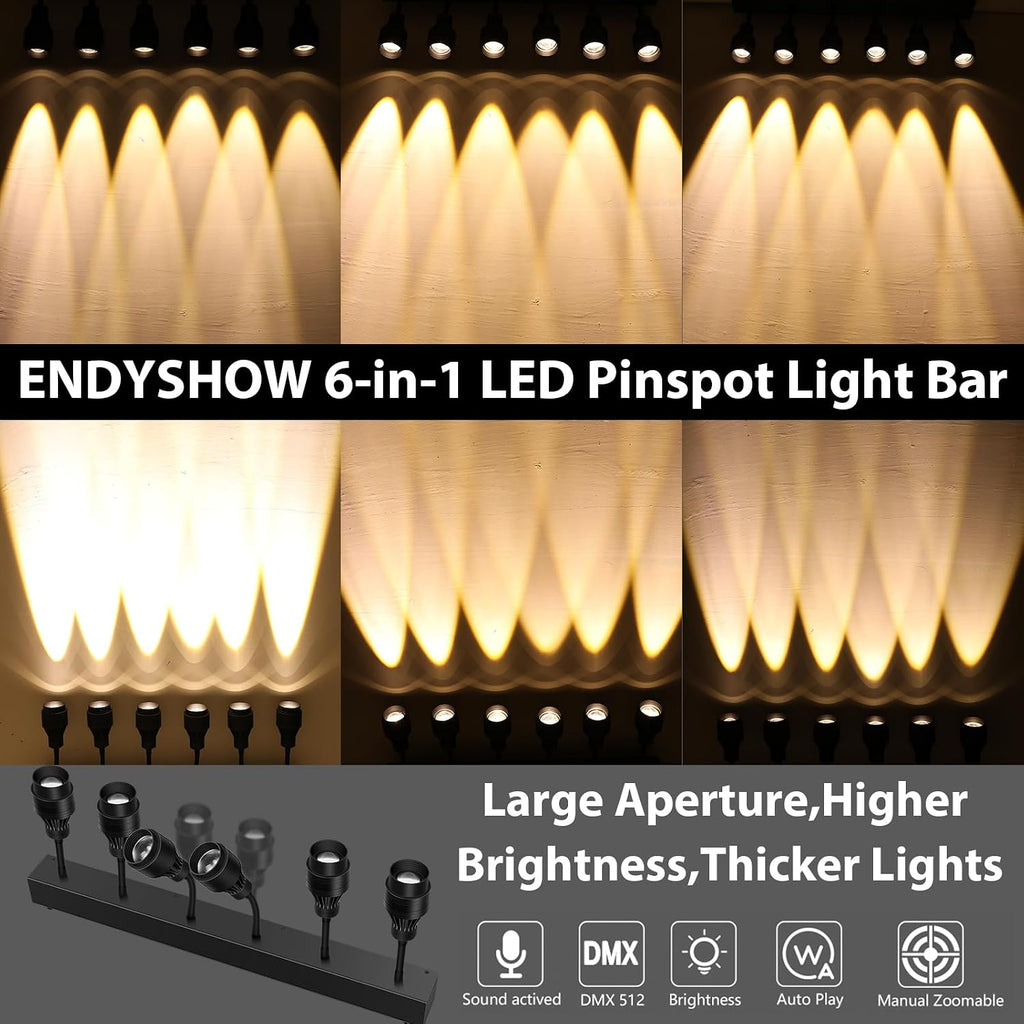 Pinspot Light Bar,6PC LED Pinspot Stage Lights Disco Ball Manual Zoom(15-60 Degree) 3200K Dimmable Warm White DMX Sound Activated Lights for Party Activities Live Show Concert Church Wedding