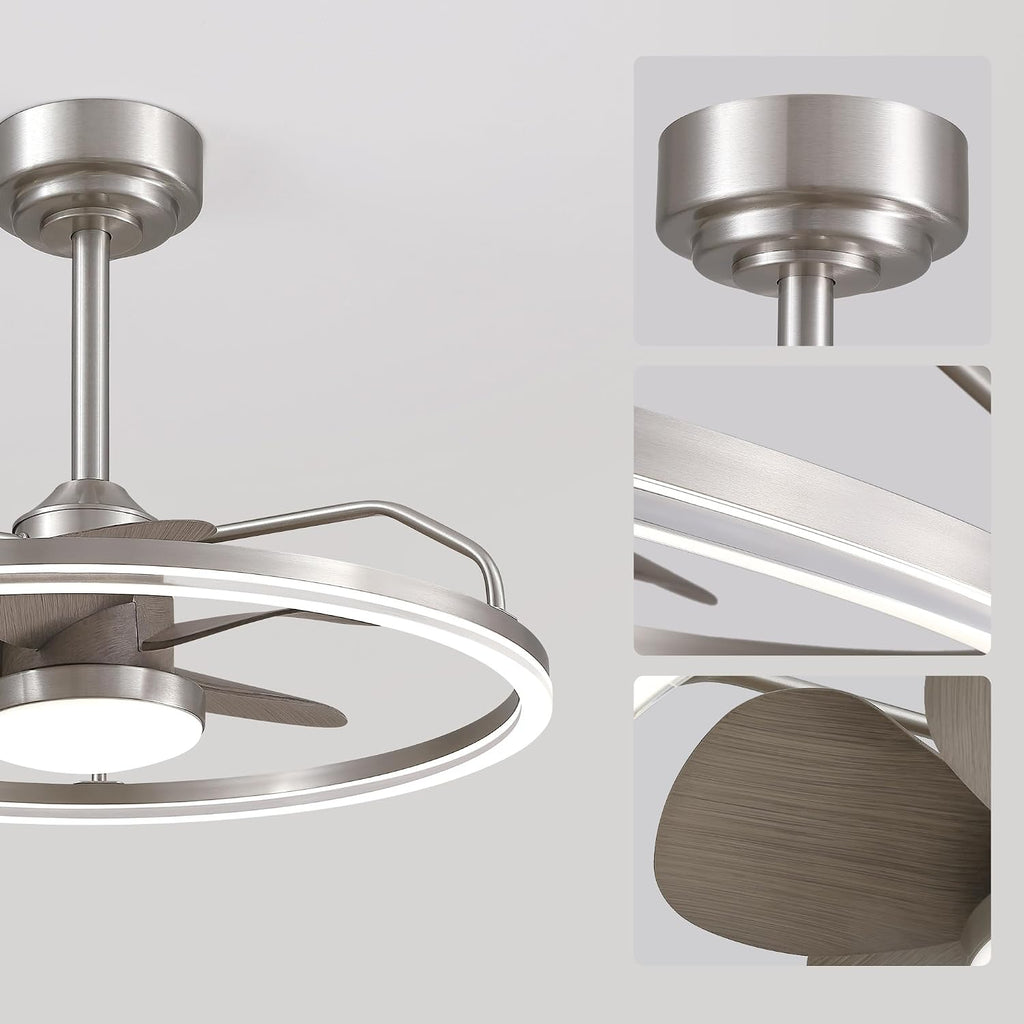 24 Inch Low Profile Ceiling Fans with Lights and Remote, 6-Speed Reversible Motor Flush Mount Modern Fandelier Ceiling Fan, App and Remote Control Dimmable LED Fan Light for Bedroom, Living Room