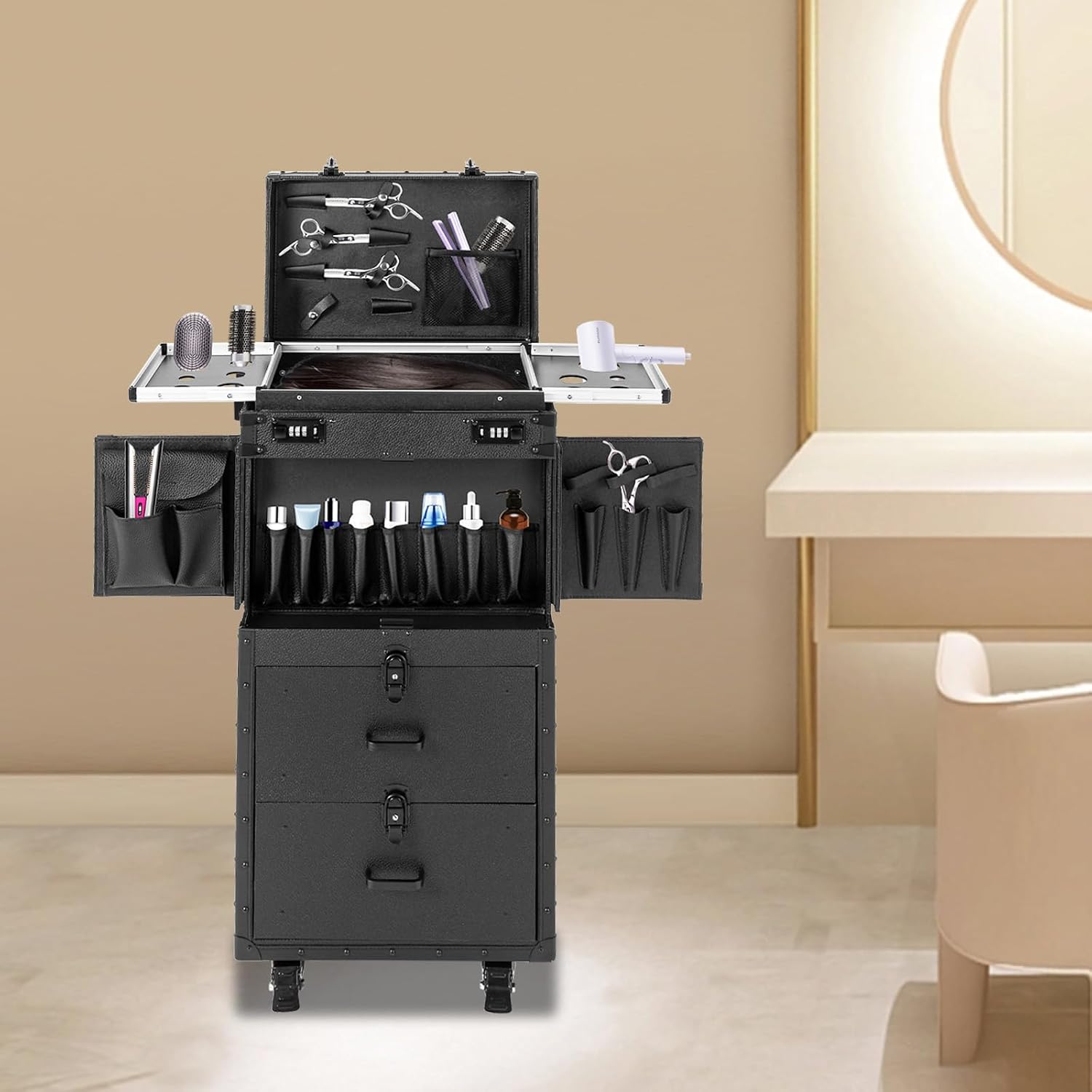 Rolling Makeup Case, Cosmetic Train Cases Professional Hair Stylist Travel Case Nail Salon Cart Trolley Carts With 4 Wheels Rolling Cosmetology Case For Barber Shop Beauty Salon Nail Salon (Black)
