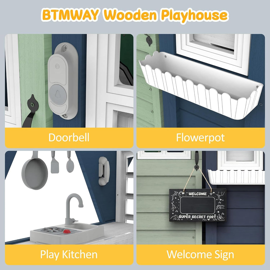 Kids Playhouse Outdoor,Cedar Gray Wooden Play House for Kids Ages 3-8,Interactive Doorbell, Kitchen Counter with Utensils, Sink, Window Boxes for Flowers (Blue)