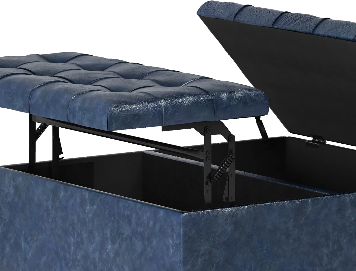 SIMPLIHOME Harrison Coffee Table Storage Ottoman - 36 inch Wide Upholstered Vegan Leather Square Lift-Top Ottoman in Denim Blue, Transitional Ottoman for Living Room with Hidden Storage