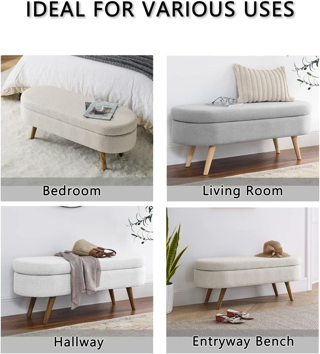 ECLYL Oval Storage Bench 43.5' Linen Fabric Upholstered Entryway Bench with Solid Wood Legs Ottoman Bench Indoor Bench for Living Room/Bedroom/End of Bed/Entryway (Grey)