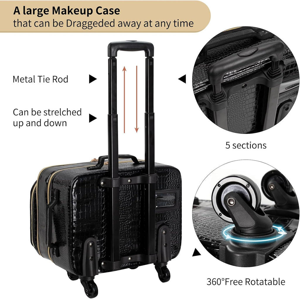 OCHEAL Rolling Makeup Train Case, 18' Carry On Travel Cosmetic Organizer Suitcase,Extra Large Trolley Makeup Storage Case On Wheels,3 Layers with 3pcs Traveling Bags for Hairstylist Cosmetology Artist