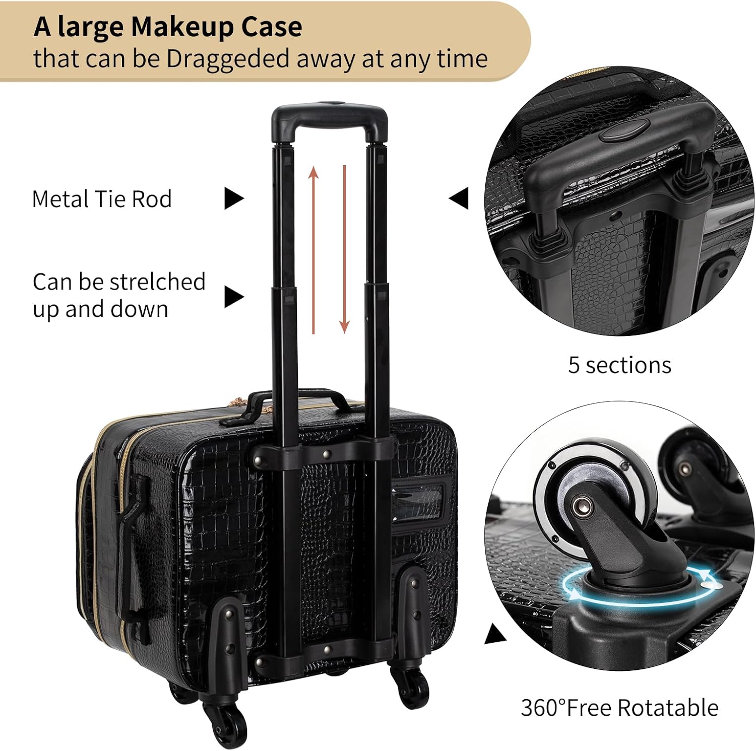 OCHEAL Rolling Makeup Train Case, 18' Carry On Travel Cosmetic Organizer Suitcase,Extra Large Trolley Makeup Storage Case On Wheels,3 Layers with 3pcs Traveling Bags for Hairstylist Cosmetology Artist