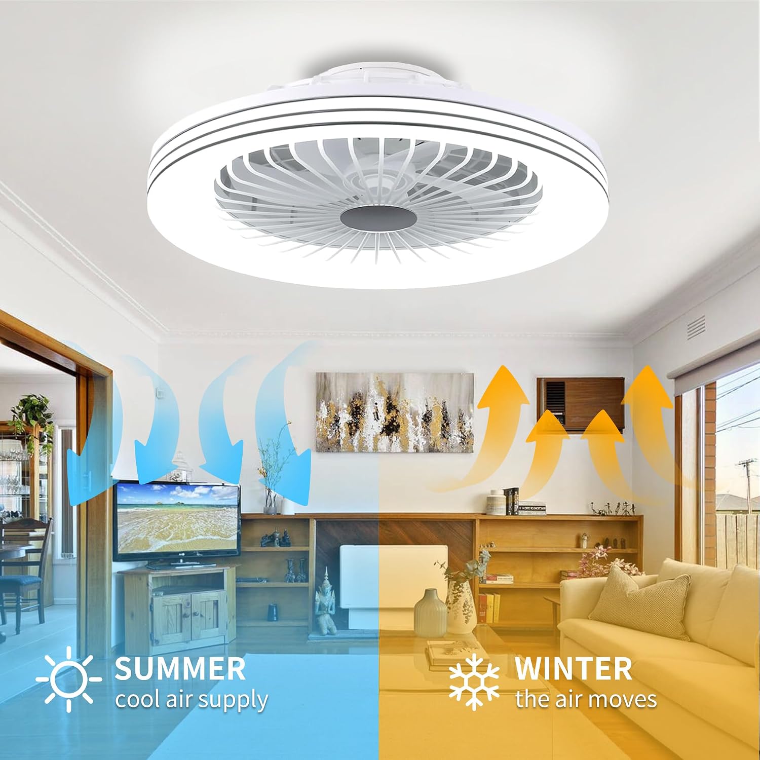 24' Low Profile Bladeless Ceiling Fan with Light, Enclosed Flush Mount Remote/APP Control, 3CCT Dimmable Light, Quiet 6 Speeds Timing Reversible