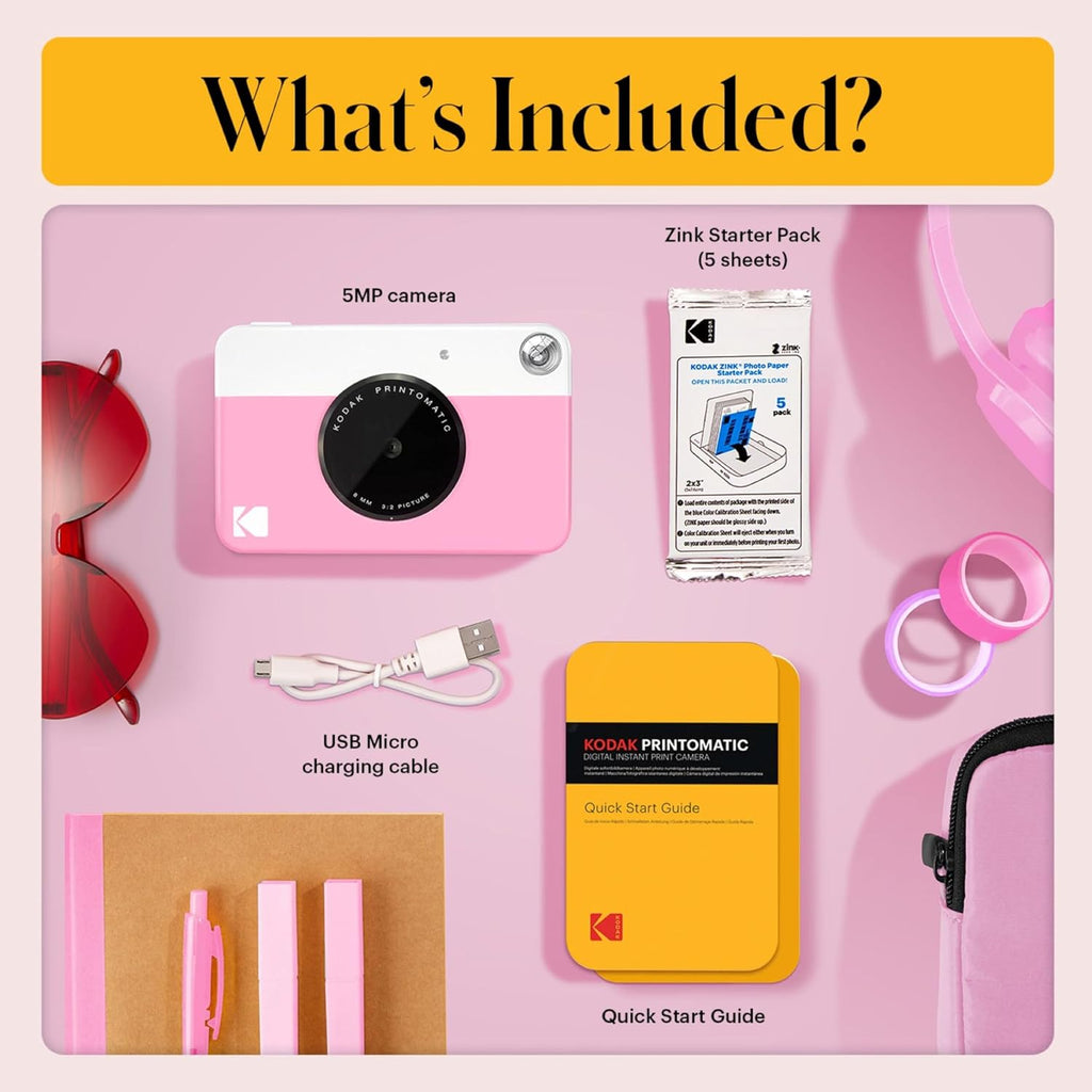 KODAK Printomatic Full-Color Instant Print Camera Gift Bundle + Soft Case + Zink 2x3 Sticky Back Photo Paper 20pk + Album + Sticker Sets + Sticker Frames + Markers + Hanging Frames, Fun Gift - Pink