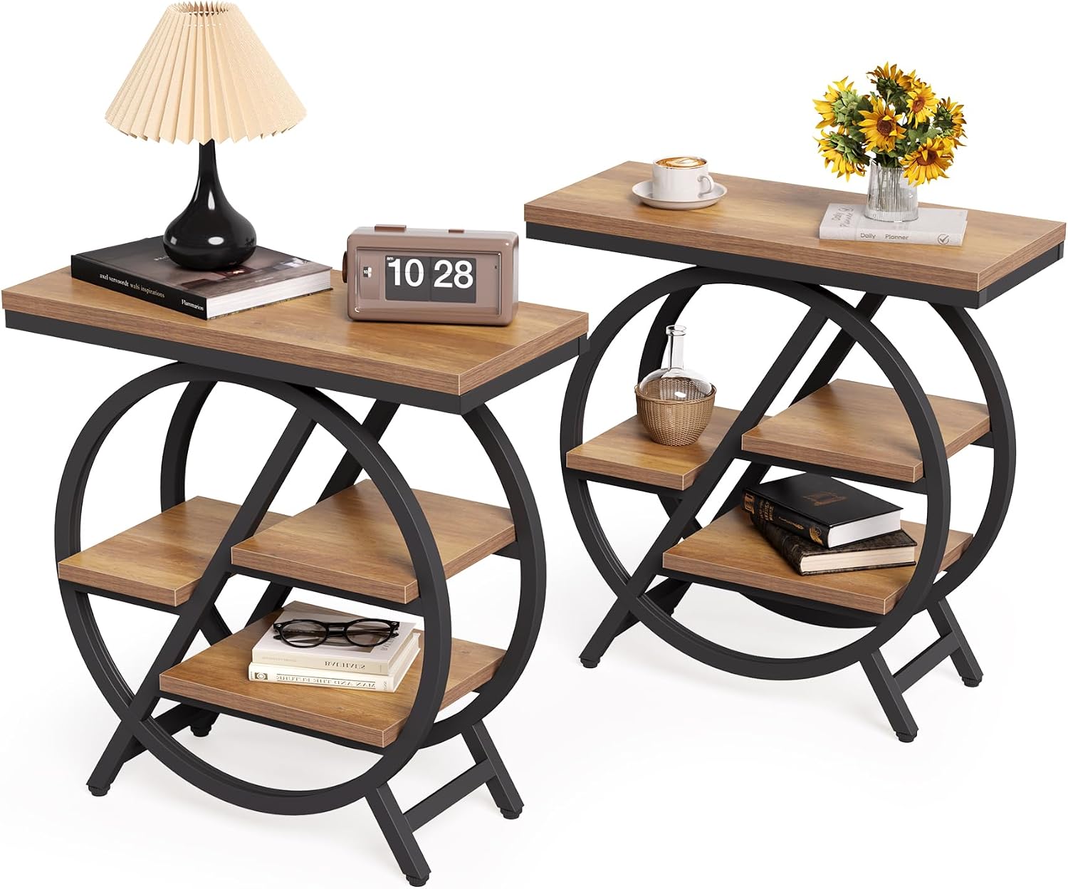 LITTLE TREE End Table, Set of 2 Narrow Side Table with 4-Tier Large Storage Space, Modern Bedside Table for Living Room, Home Office, Bedroom, Natural
