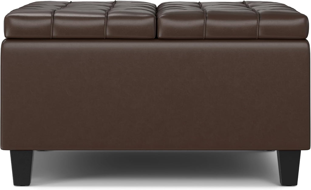 SIMPLIHOME Harrison Small Coffee Table Storage Ottoman - 30 inch Wide Upholstered Vegan Leather Square Lift-Top Ottoman in Chocolate Brown, Transitional Ottoman for Living Room with Hidden Storage