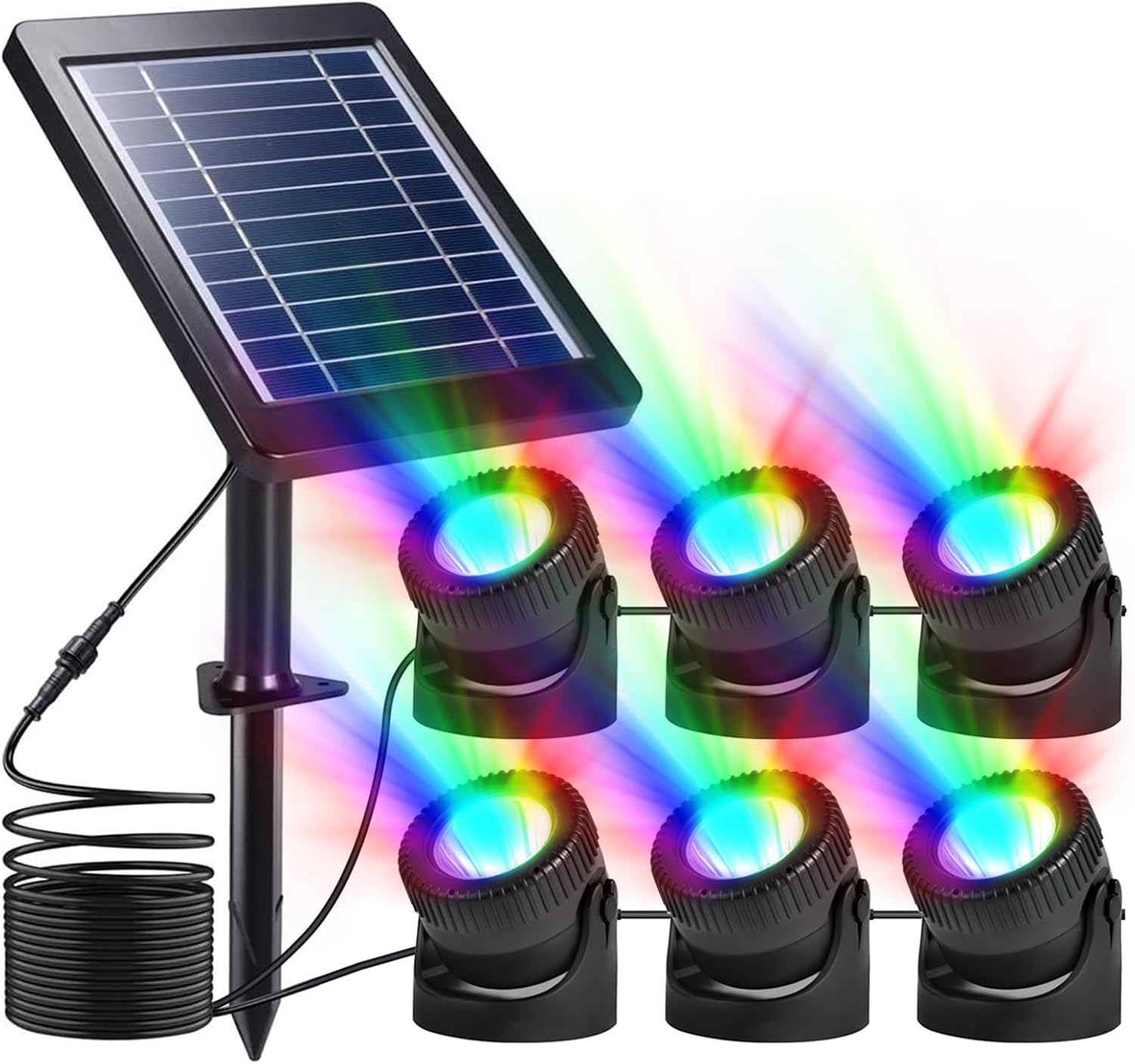 flexman Set of 6 Solar Pond Light, 6V 4W Solar RGB LED Submersible Fountain Lights with 16.4Ft Cord, Water Proof Adjustable Underwater Landscape Spotlights for Pool Garden Yard (Colorful Light)