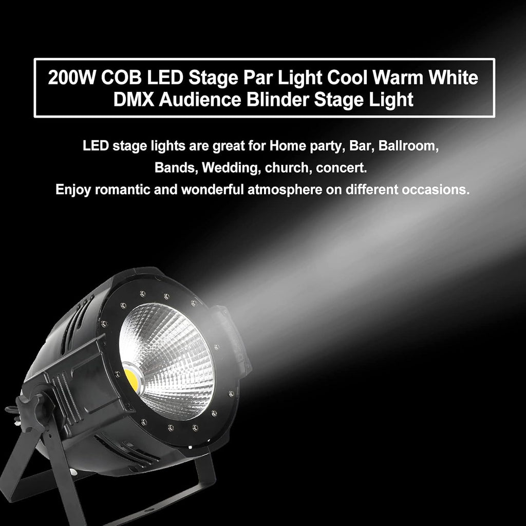 200W COB LED Stage Par Light with Barn Door, Spotlights Follow Spot DMX512 Cool & Warm White Audience Blinder, Sound Activated, Master/Slave 2in1 for DJ Concert Wedding Bar Events, Stage Lighting