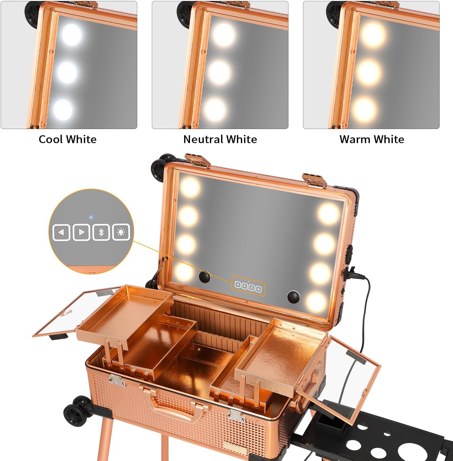 20' Aluminum Ligthed Makeup Train Case with LED Lights Professional Cosmetic Organizer Studio with Speaker, Wheels and Stands Rolling Trolley Makeup Vanity Station for Travel (Rose Gold)