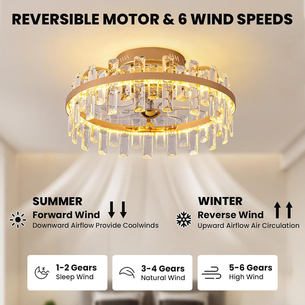 20' Crystal Ceiling Fans with Lights Remote Control Dimmable 6 Speeds Reverible Timer Gold Fandelier for Bedroom Dining Room Living Room