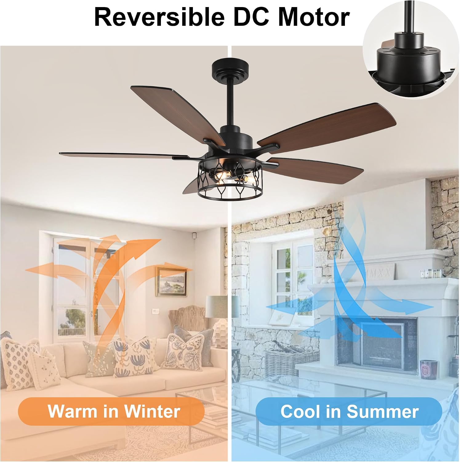 52 Inch Farmhouse Ceiling Fan with Lights Rustic Ceiling Fan Industrial Caged Black Fandelier Chandelier Light for Living Room Indoor Outdoor, Remote Control, Reversible 6 Speeds